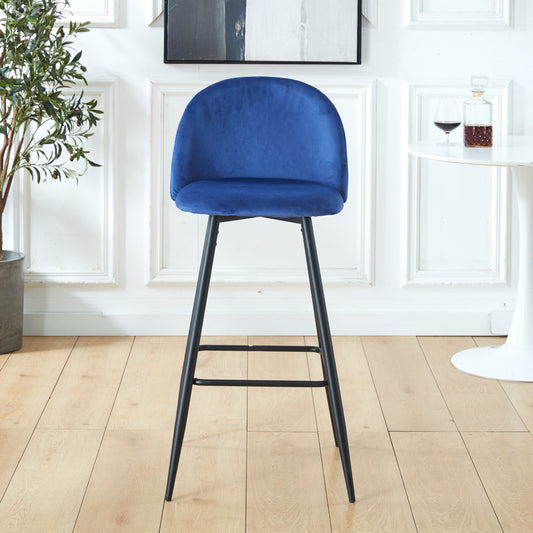 Deep blue velvet bar stool with a curved back and black metal legs