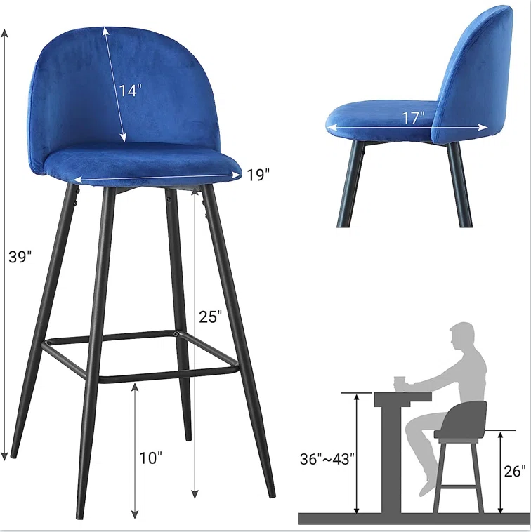 Deep blue velvet bar stool with curved back and black metal legs