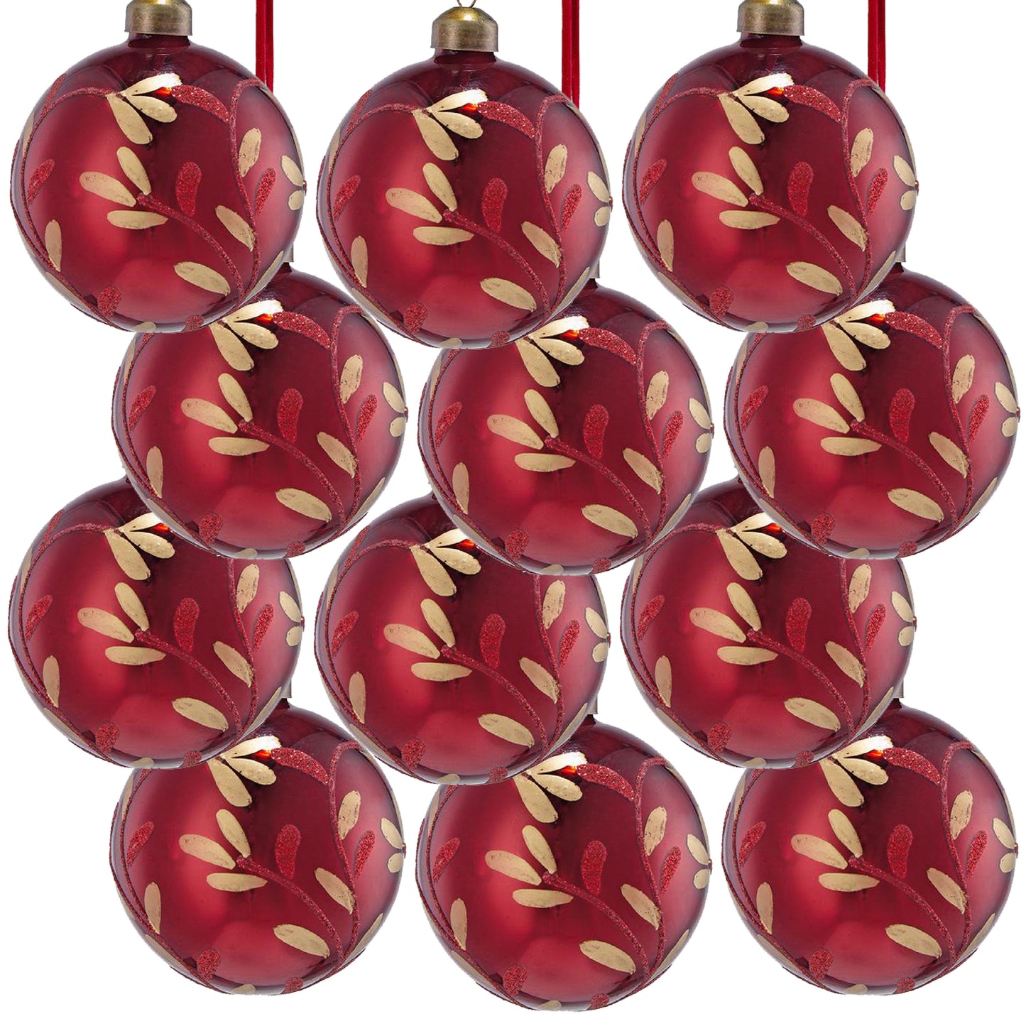 Set of  red glass Christmas ornaments with gold leaf design and glitter accents