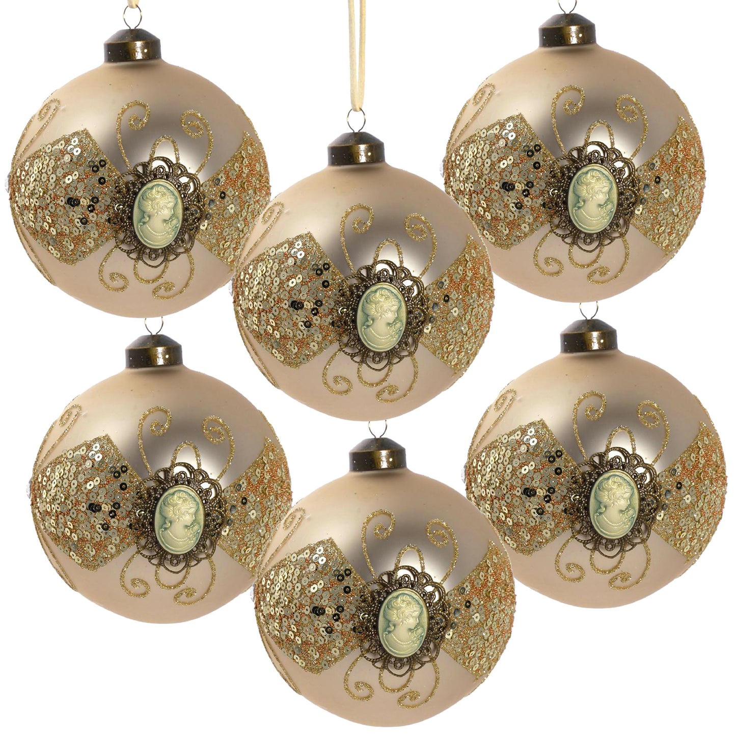 Elegant champagne glass Christmas ornament with cameo and sequin detail