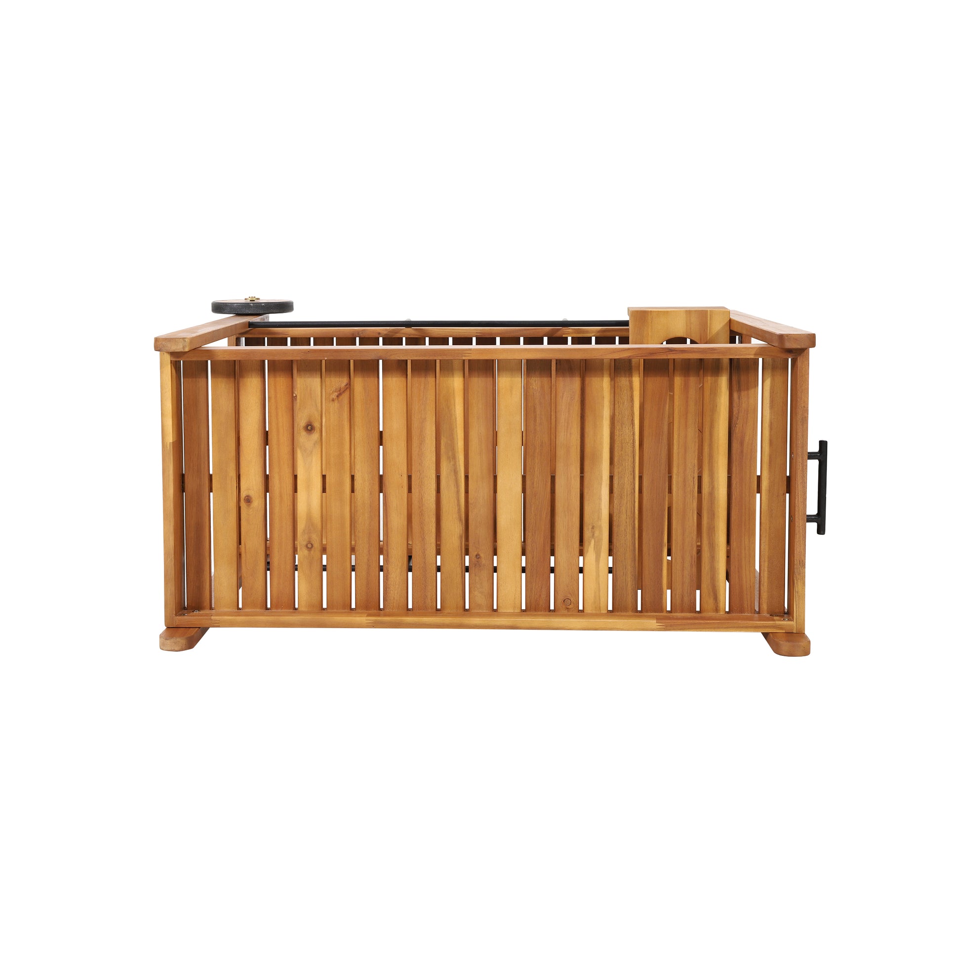 Natural wood patio cooler with wheeled base and black handle