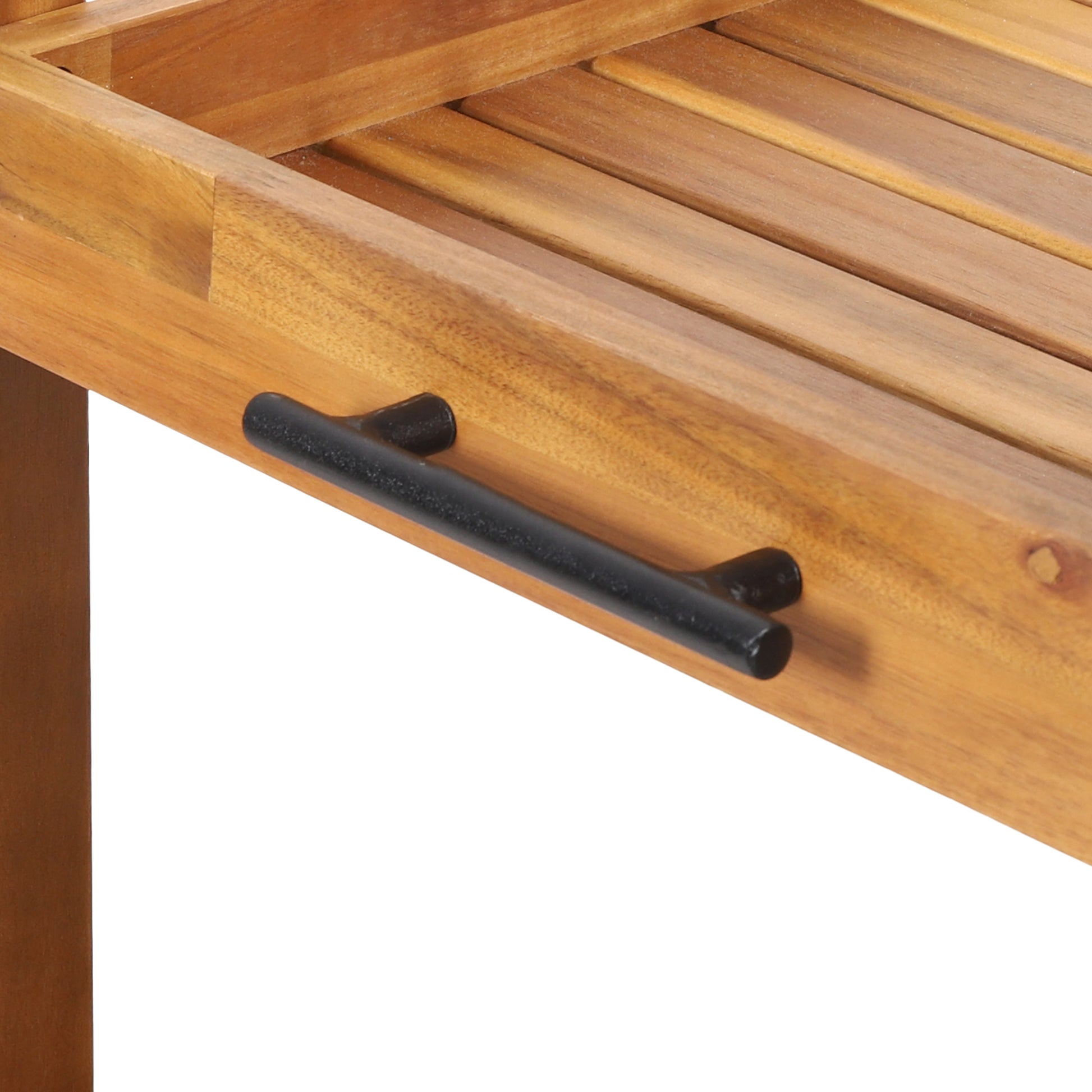 Acacia wood slatted shelf with a black bar handle