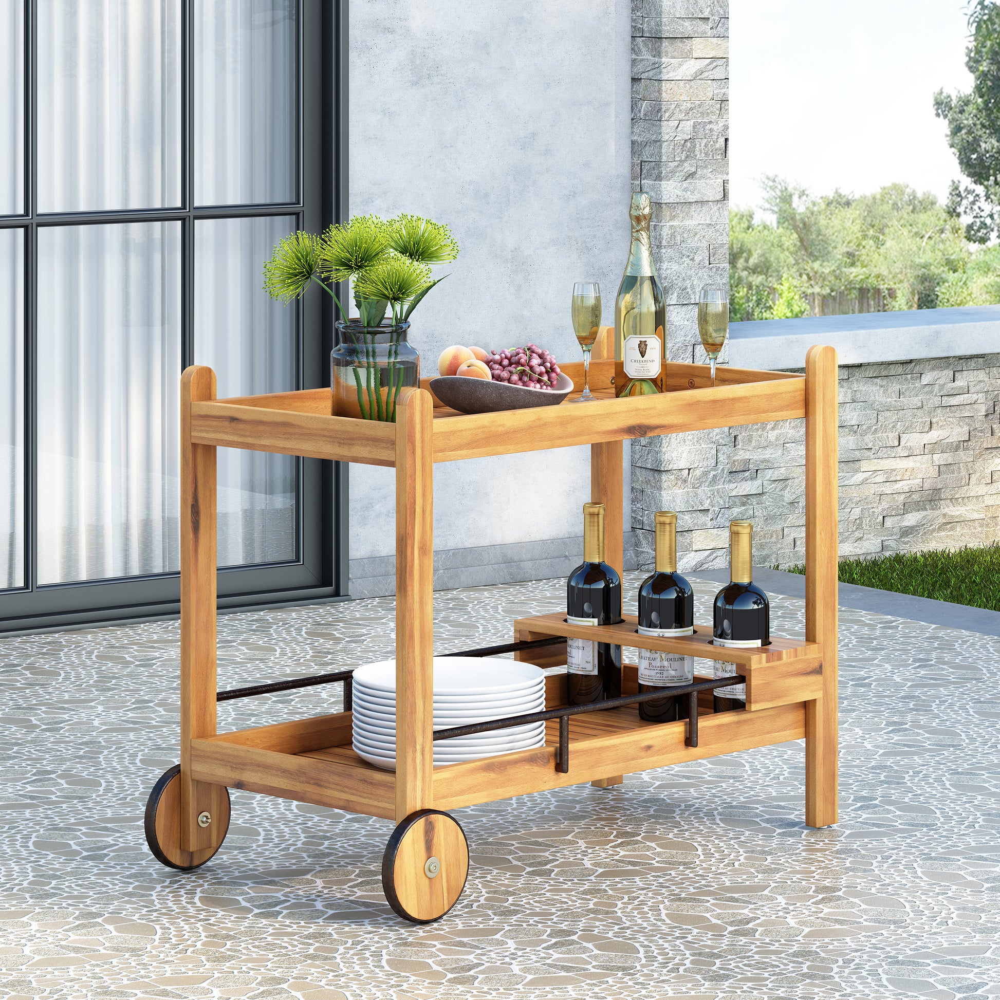 Natural wood bar cart with stacked white plates and wine bottles