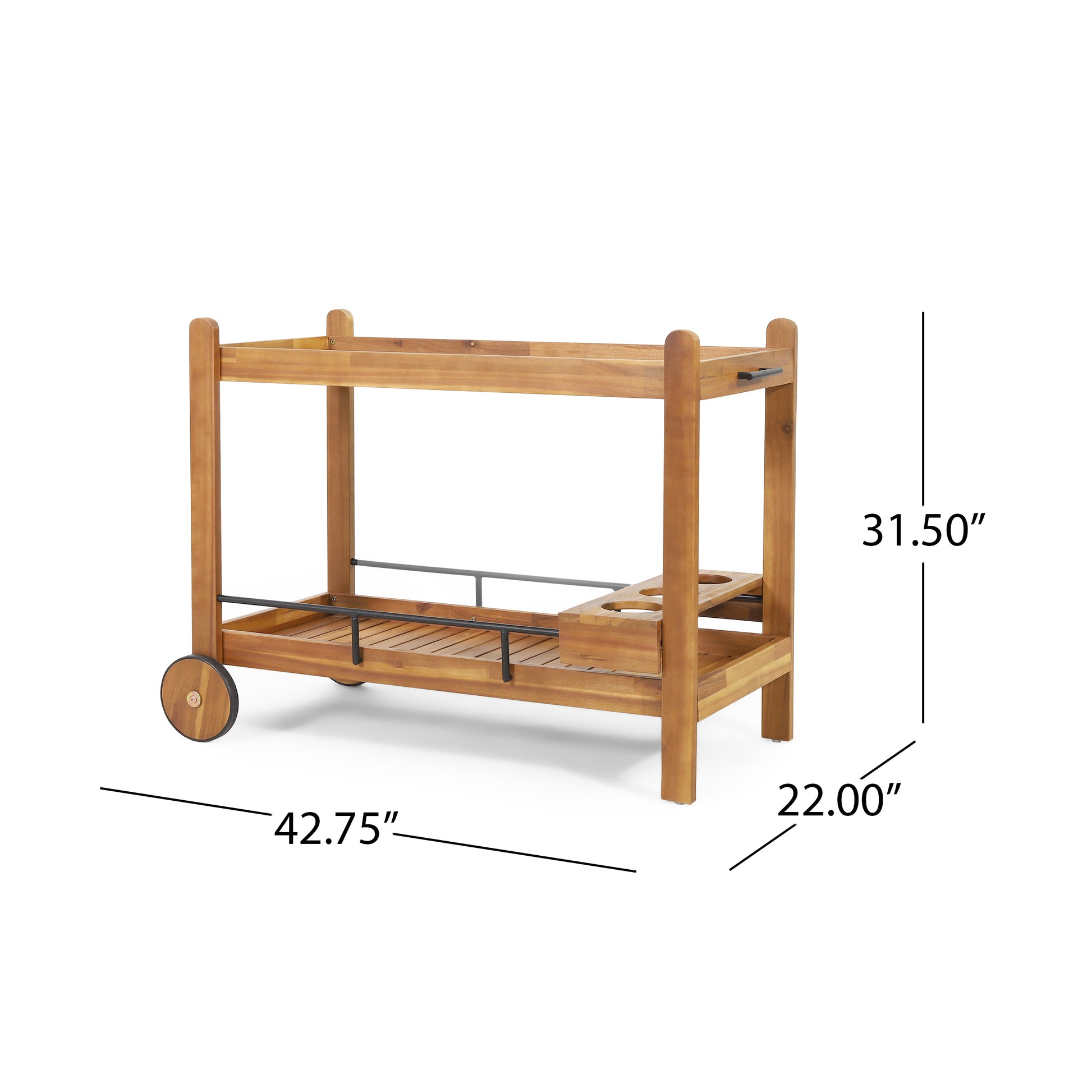 Wooden outdoor serving cart with two shelves and cup holders