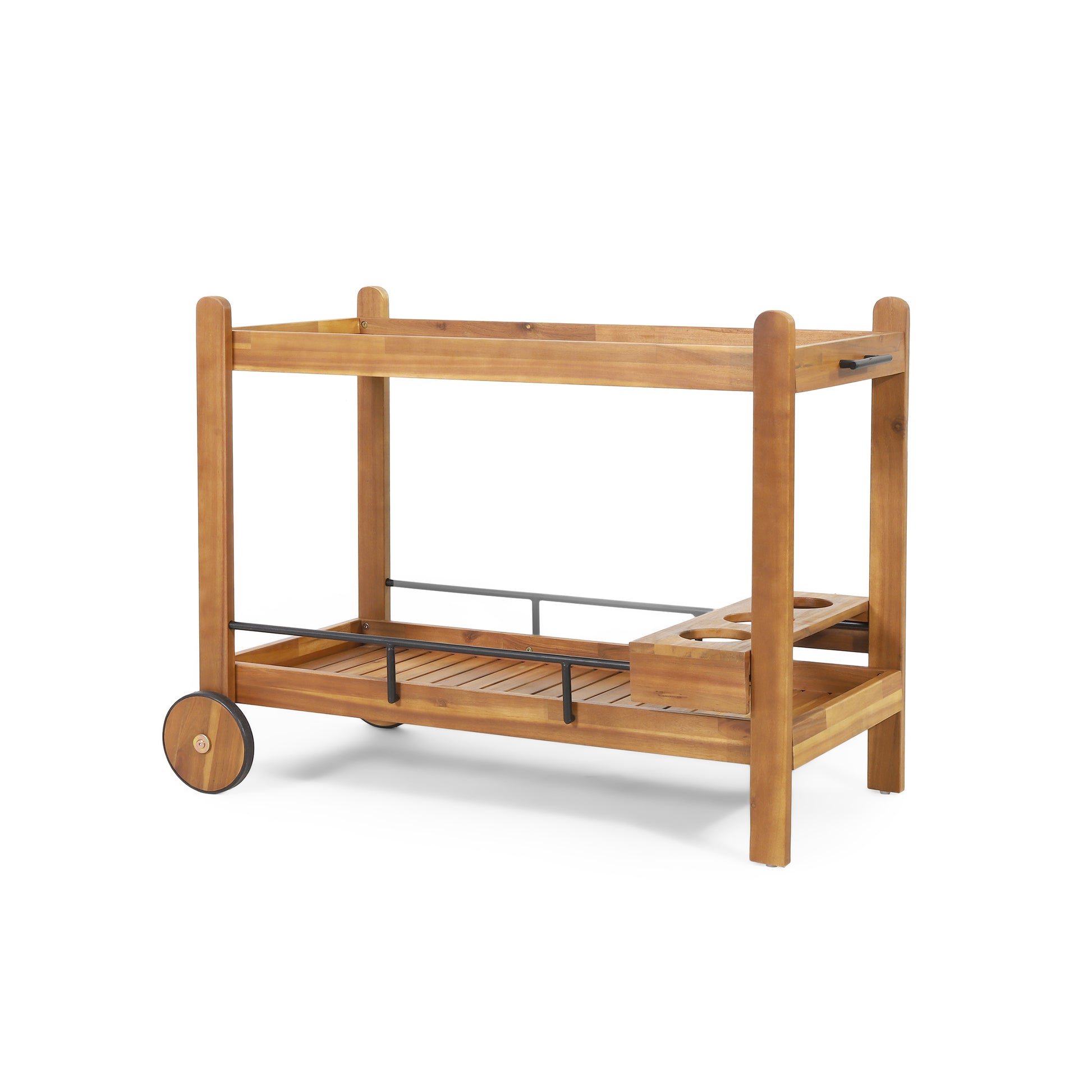 Acacia wood bar cart with wheels and drink holders for outdoor entertaining
