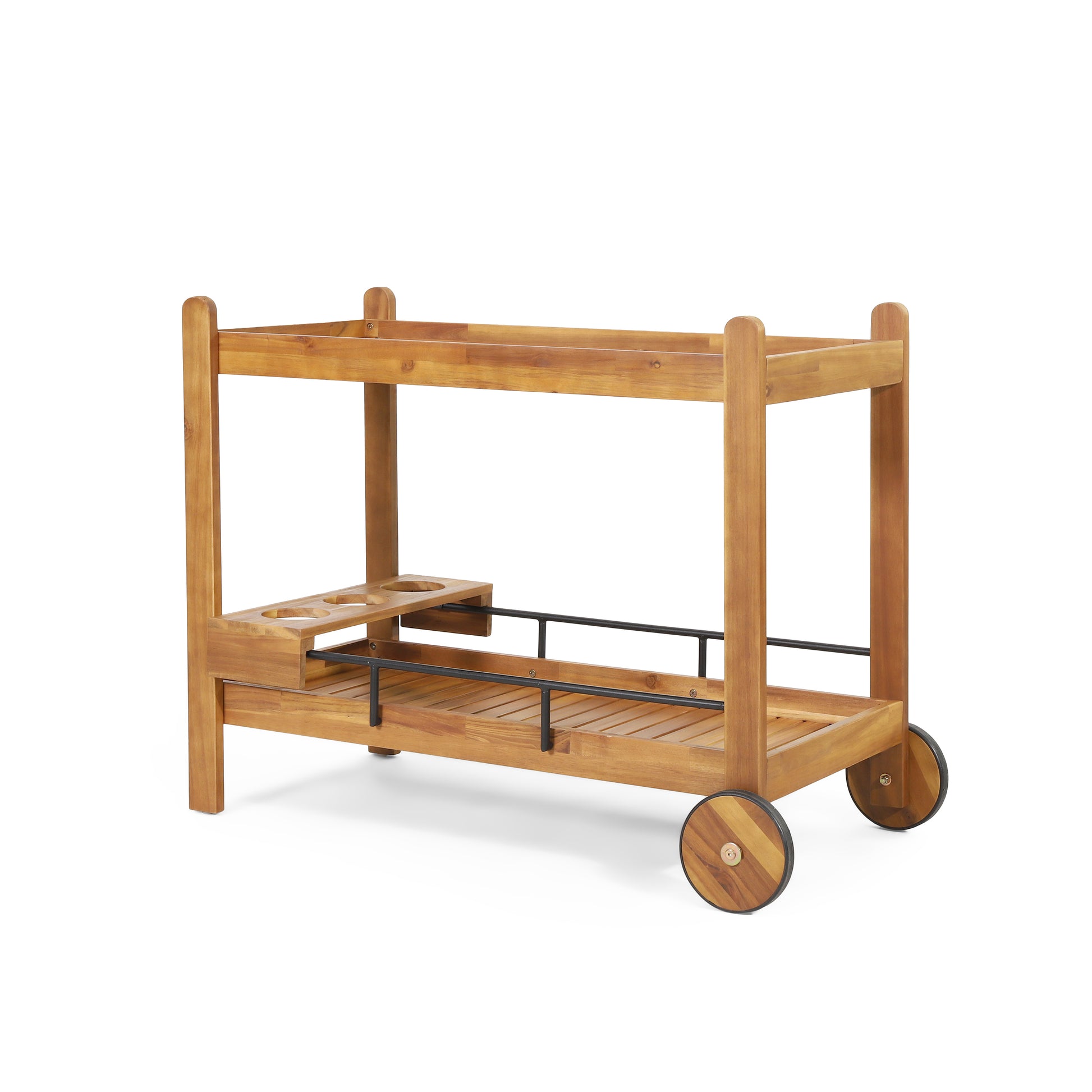 Wooden outdoor bar cart with drink holders