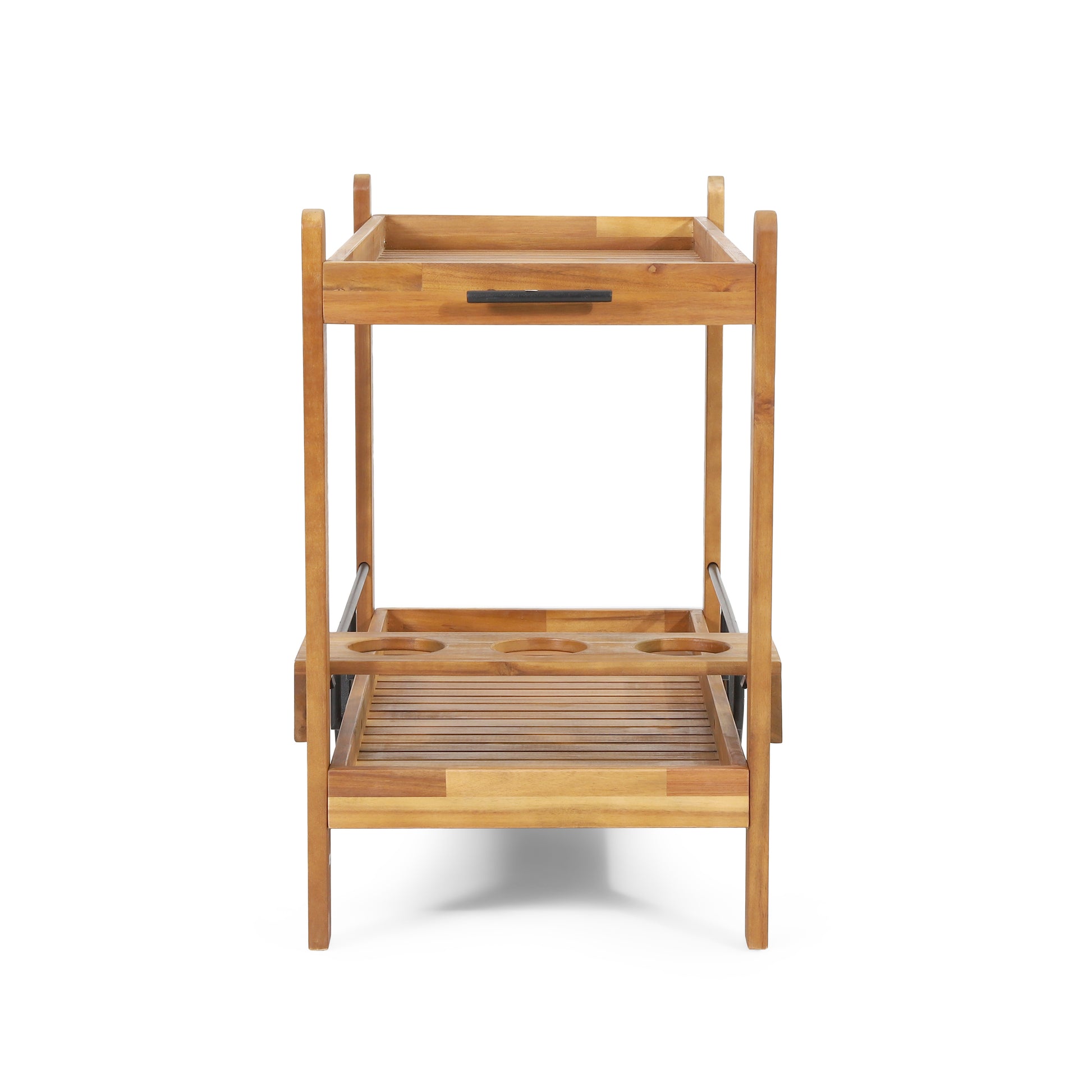 Natural wood bar cart with two shelves and three cup holders
