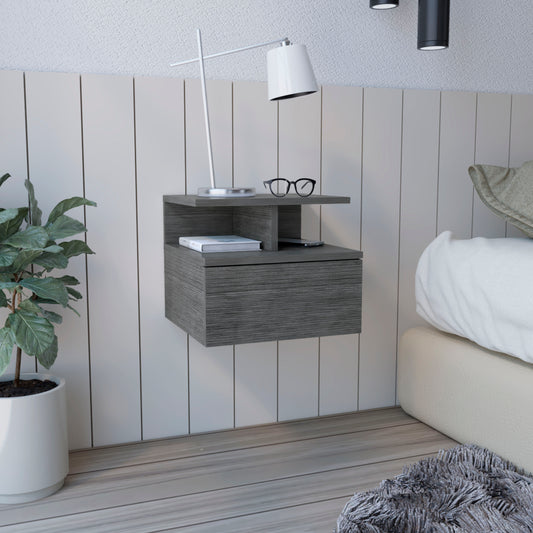 Grey wood grain floating nightstand with open shelf and drawer