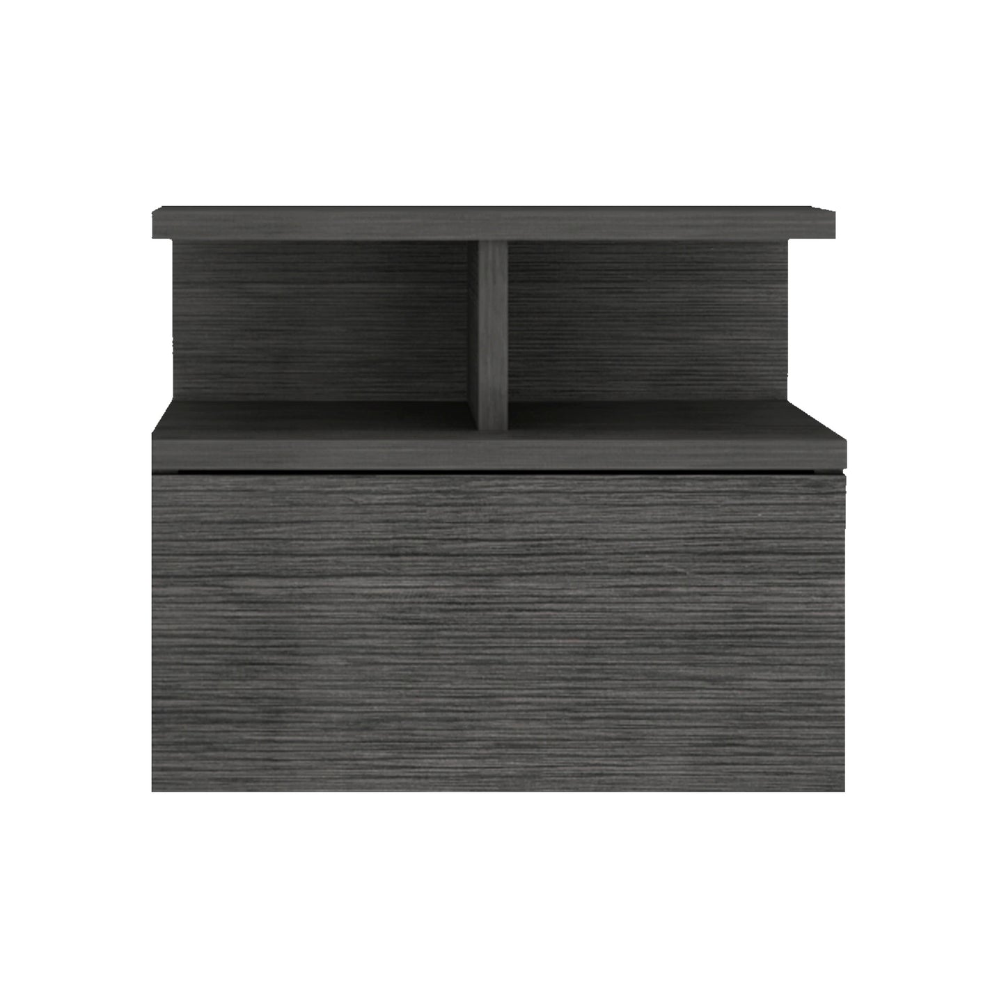 Modern gray wood grain bedside table with two open shelves