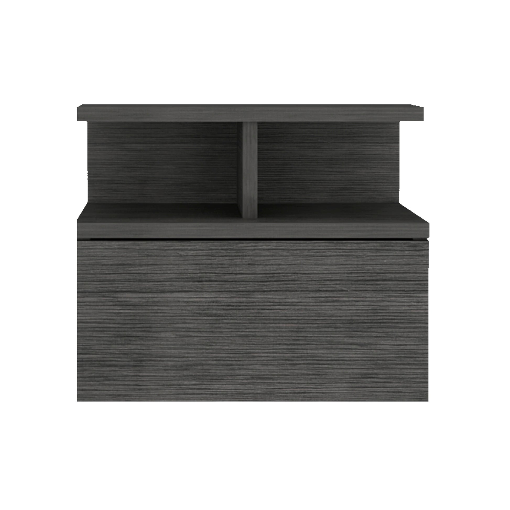 Modern gray wood grain bedside table with two open shelves