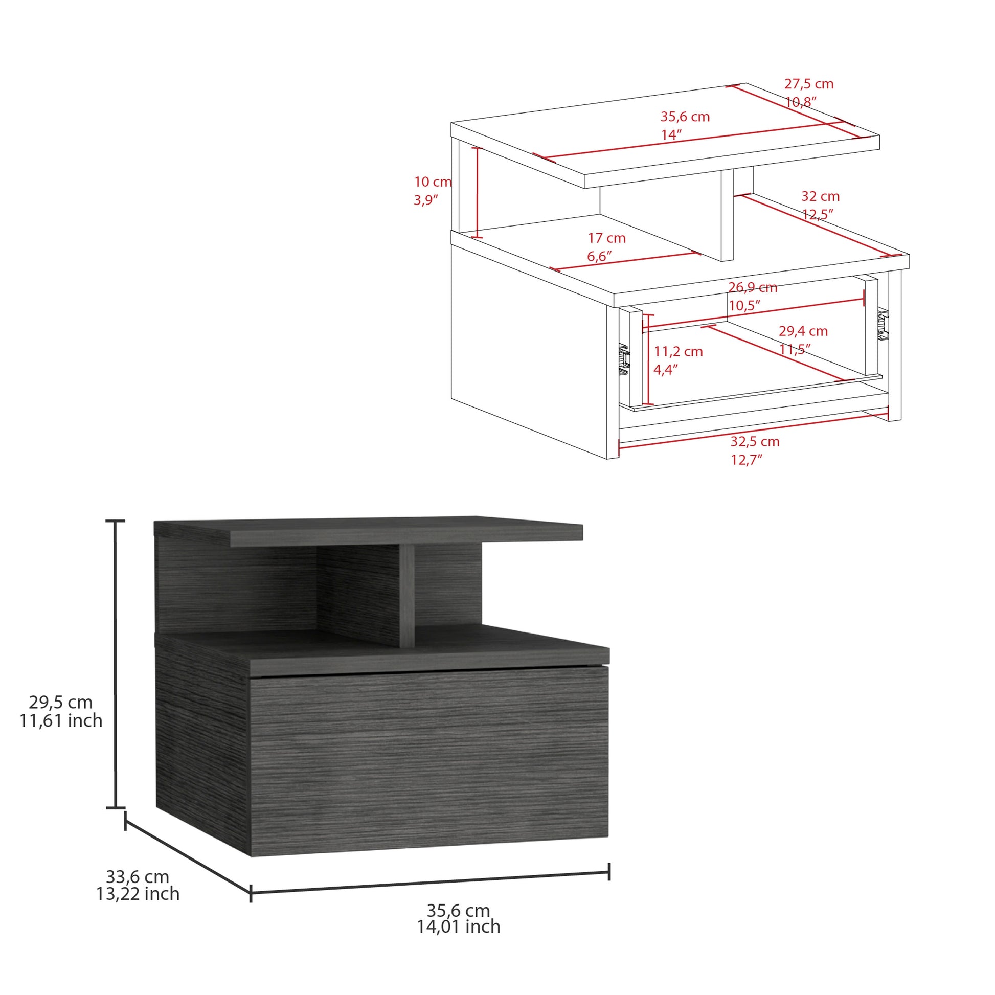 Modern gray wood bedside table with single drawer and open shelf