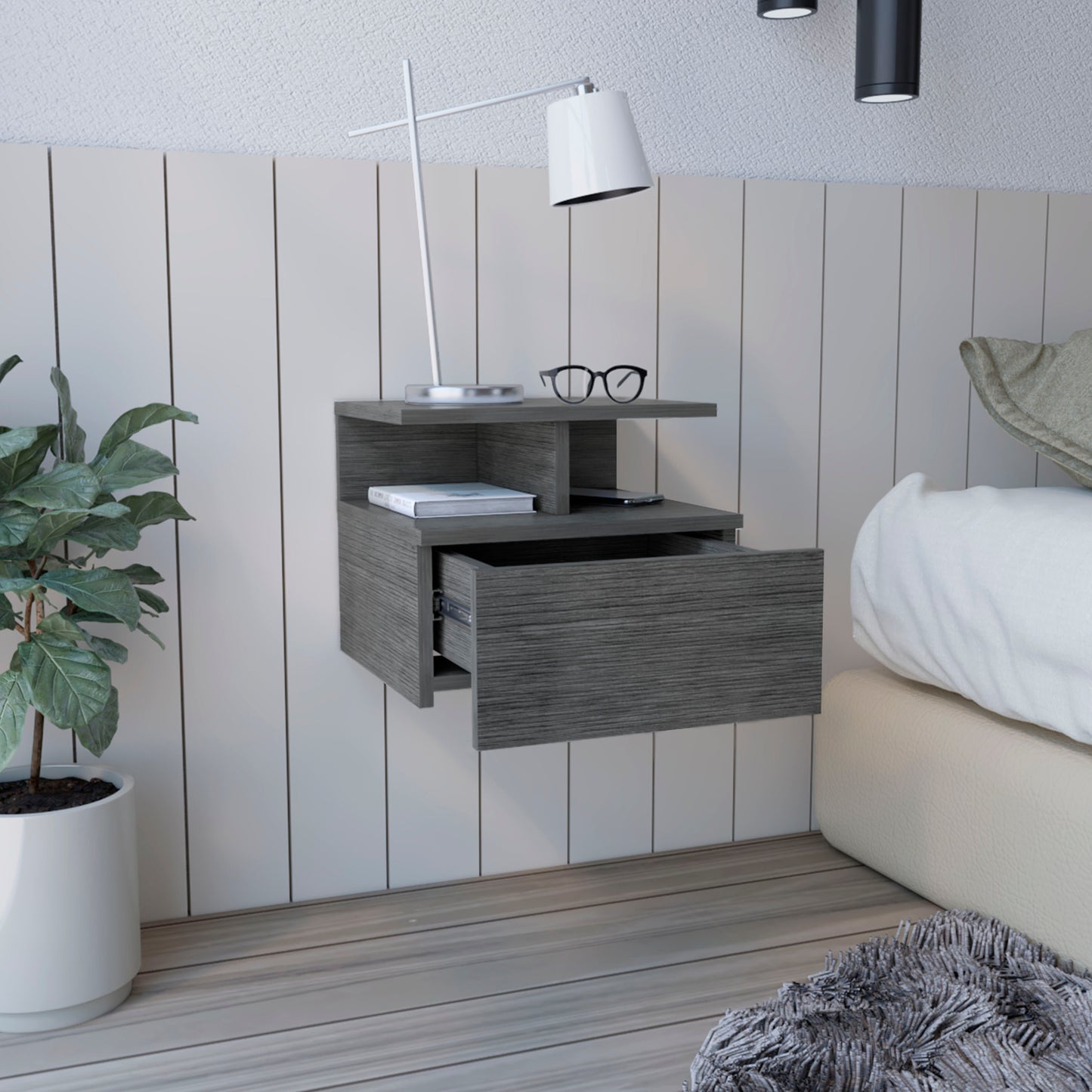 Modern grey floating nightstand with open shelf and drawer