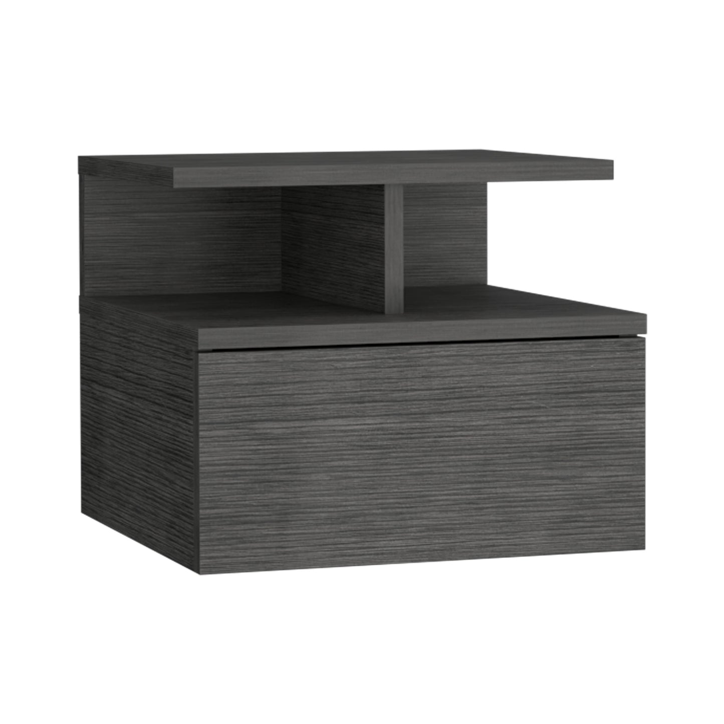 Dark grey wood grain nightstand with one drawer and open shelf