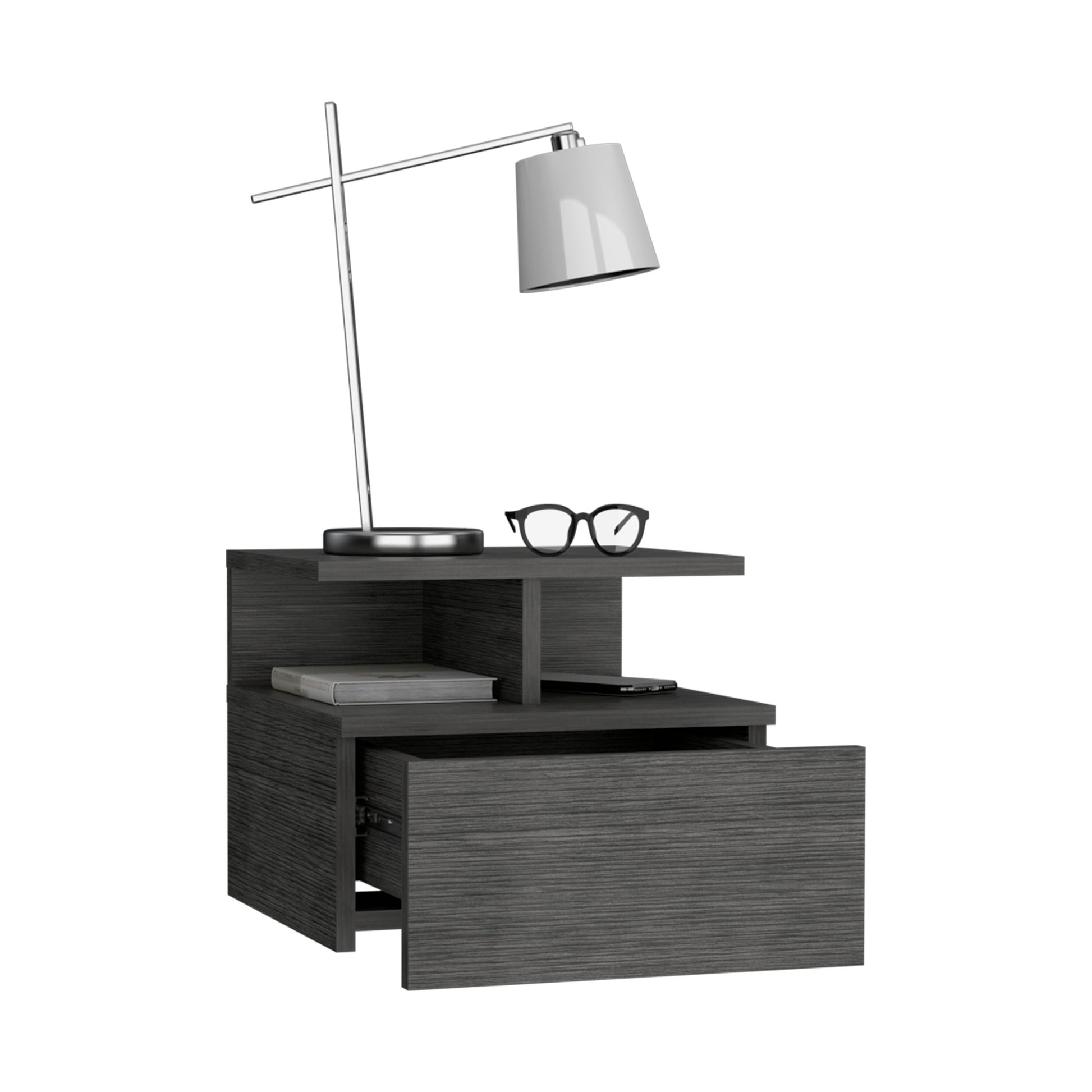 Modern grey wood nightstand with open drawer and shelf