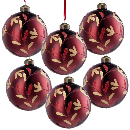 Set of  deep red shatterproof Christmas ornaments with gold leaf and glitter details