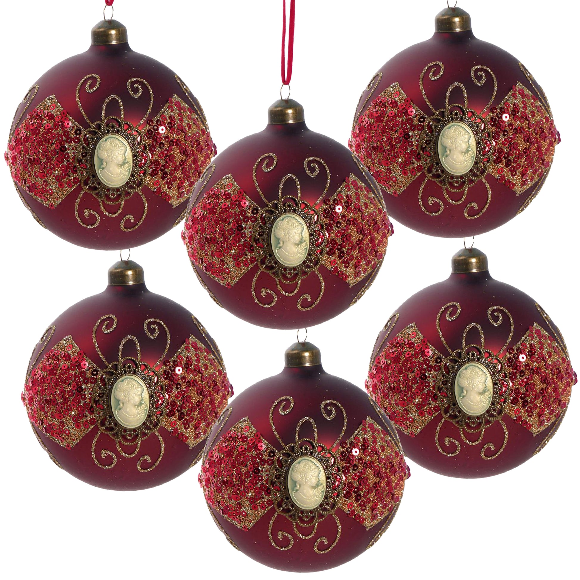 Set of  rich red glass Christmas ornaments with ornate gold filigree and sequin details
