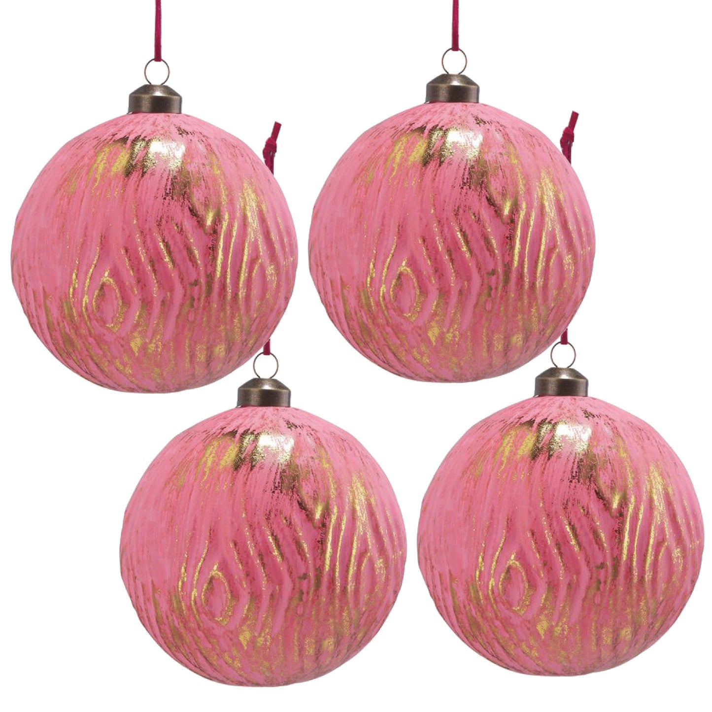 Set of four pink glass Christmas ornaments with gold wood grain texture