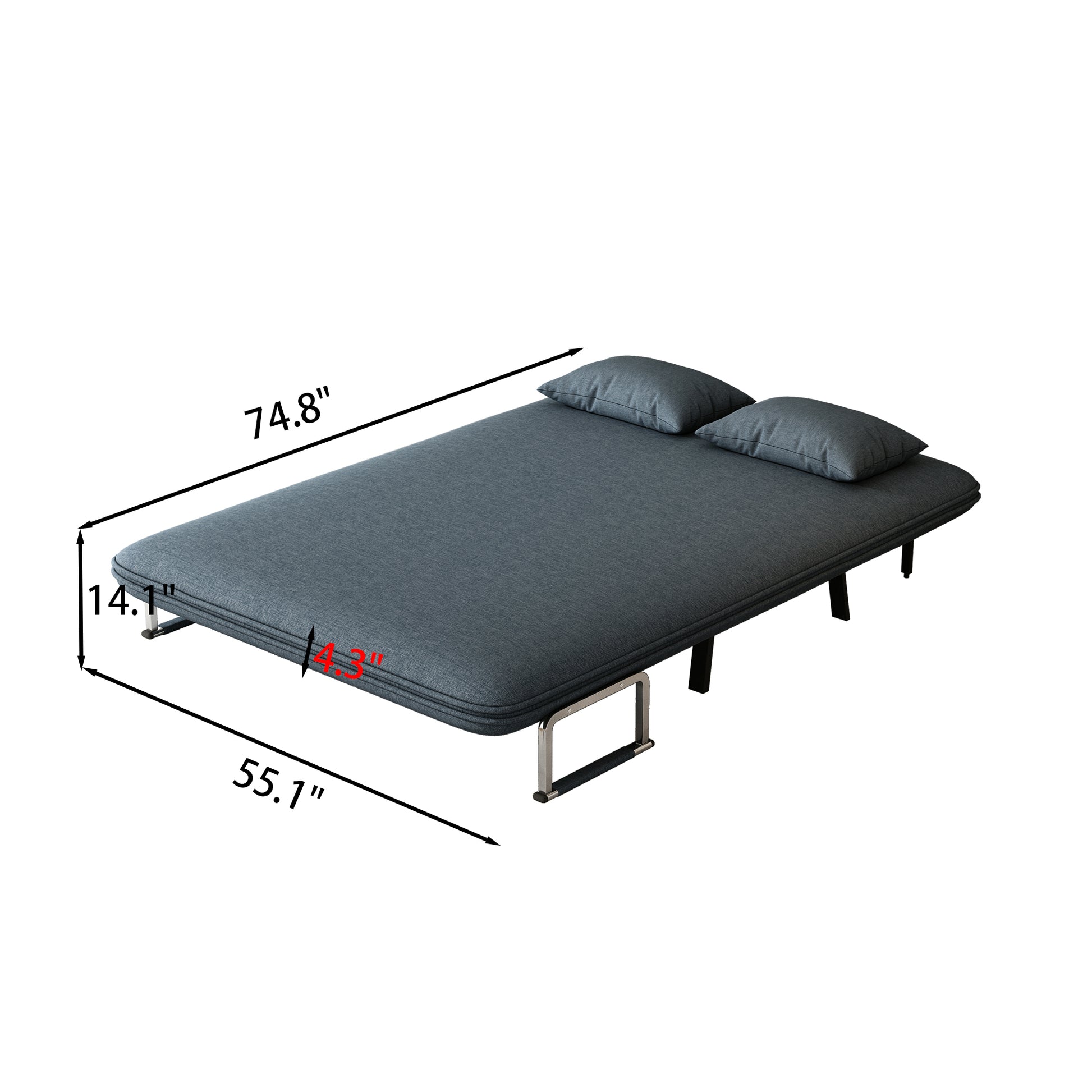 Dark grey upholstered convertible sofa bed with metal legs and two pillows