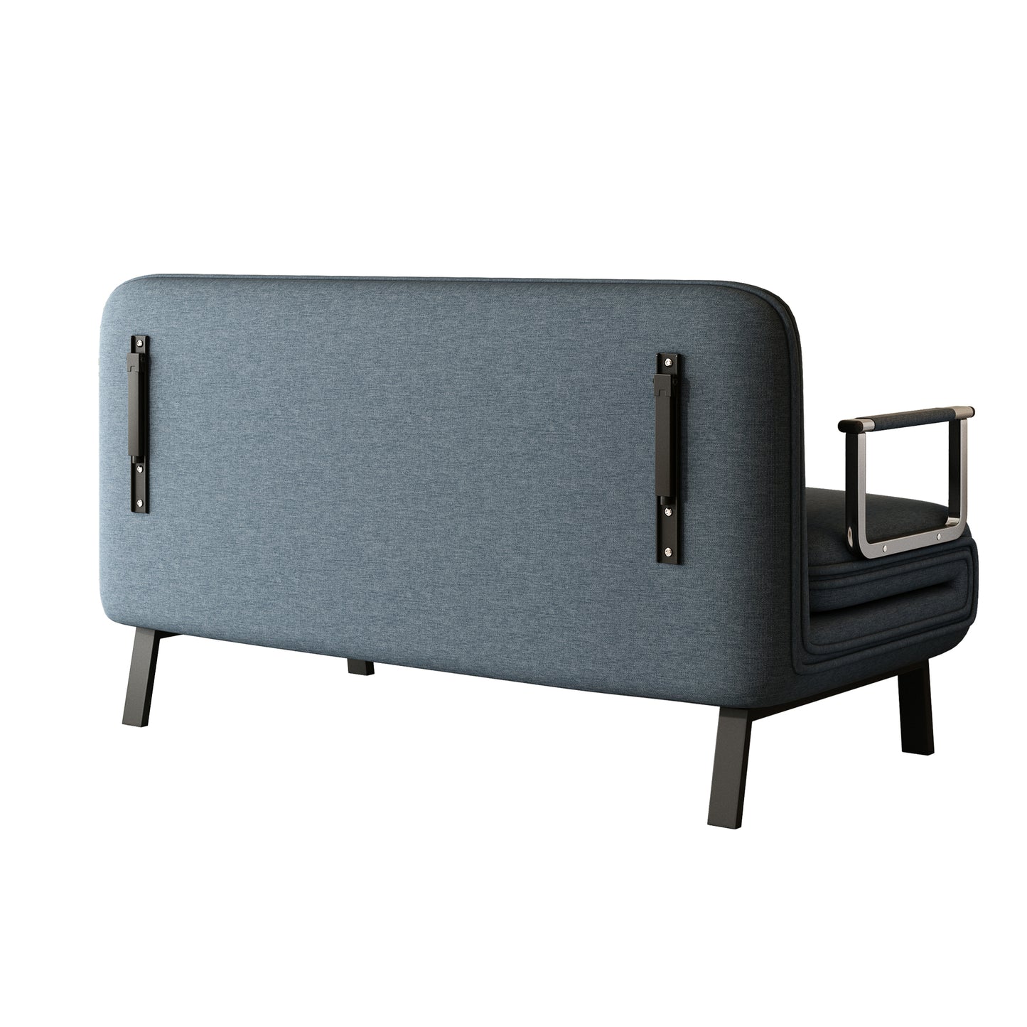 Gray fabric sofa with chrome armrests and black legs