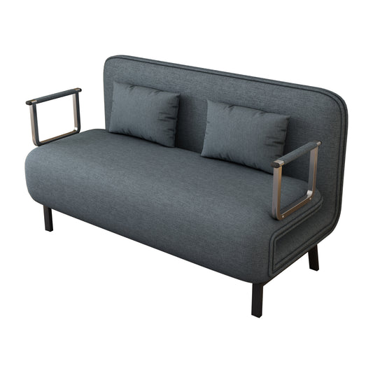 Modern gray fabric sofa with chrome armrests and two throw pillows