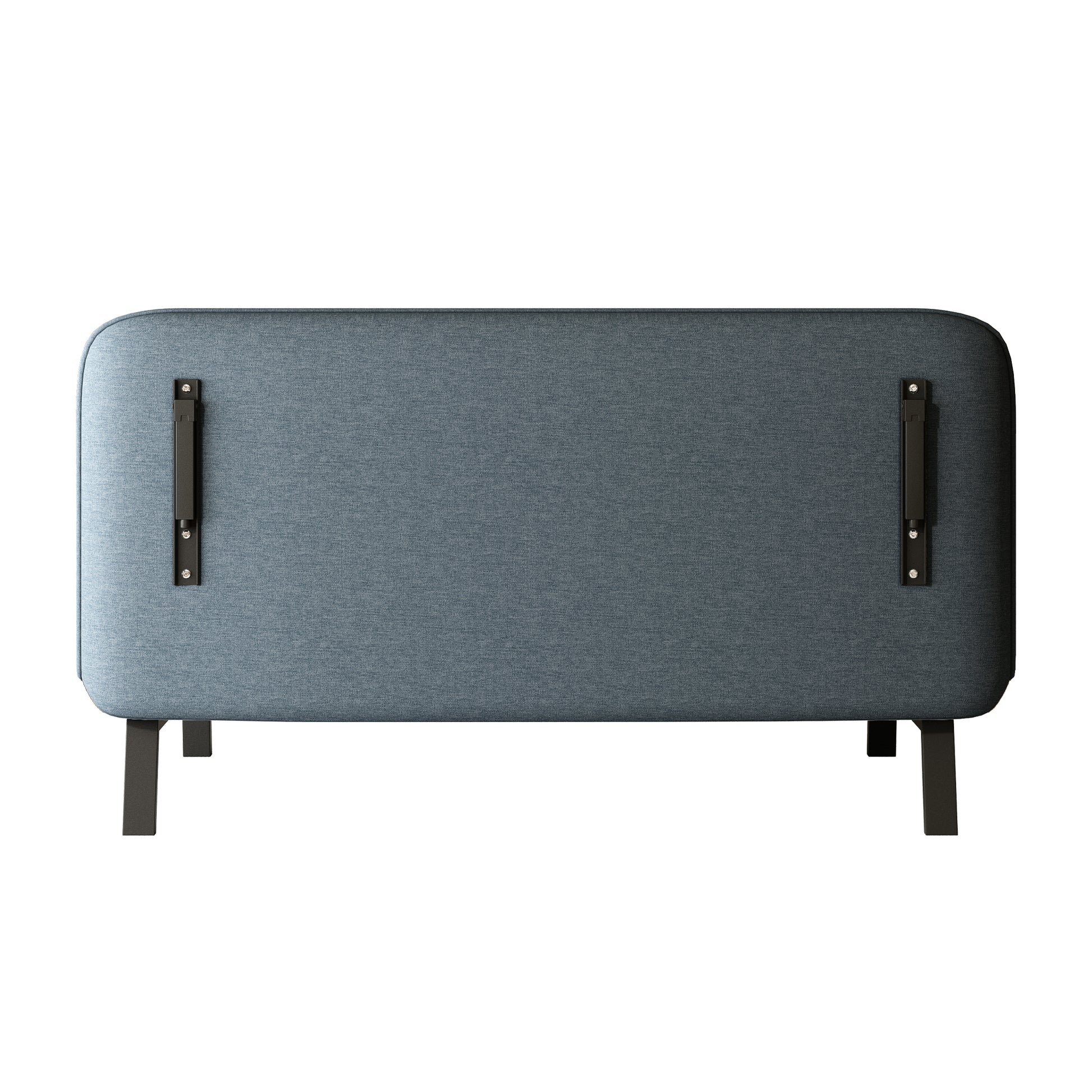Upholstered blue bench with black metal legs and discreet mounting brackets