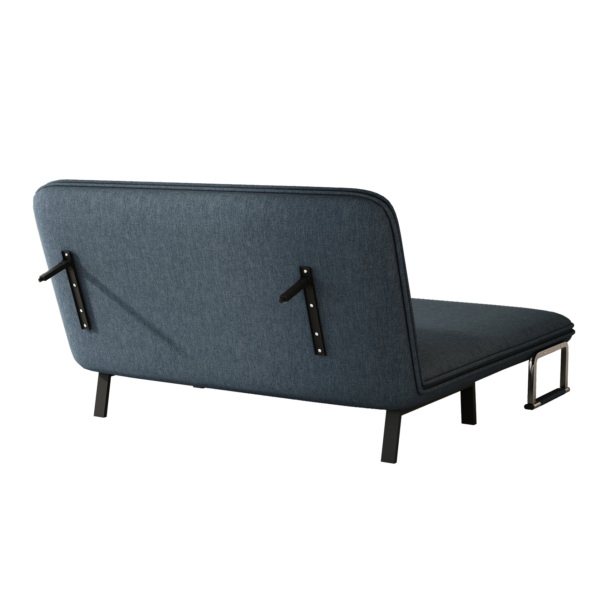 Dark blue upholstered futon sofa with metal folding mechanism and black legs