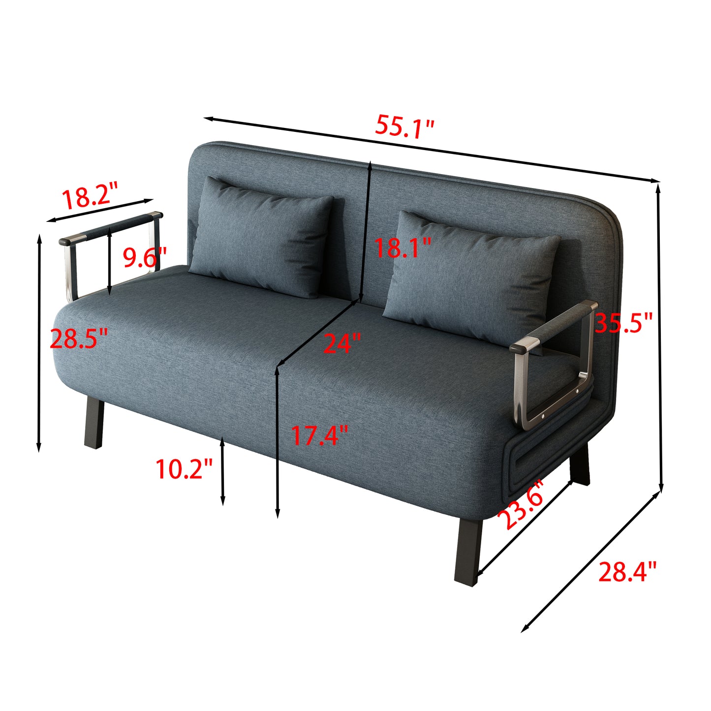 Dark gray fabric loveseat sofa with chrome armrests dimensions shown