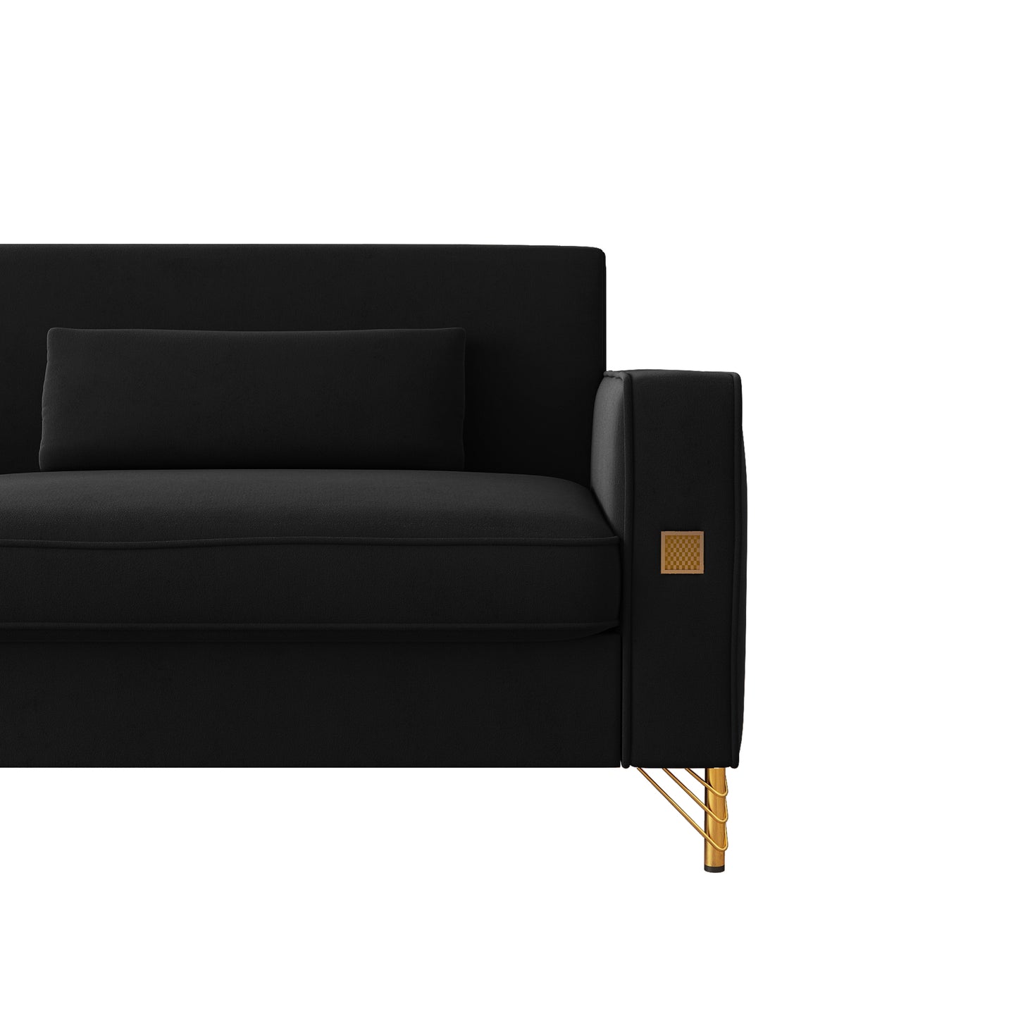 Modern black velvet sofa with gold accents and a single bolster cushion