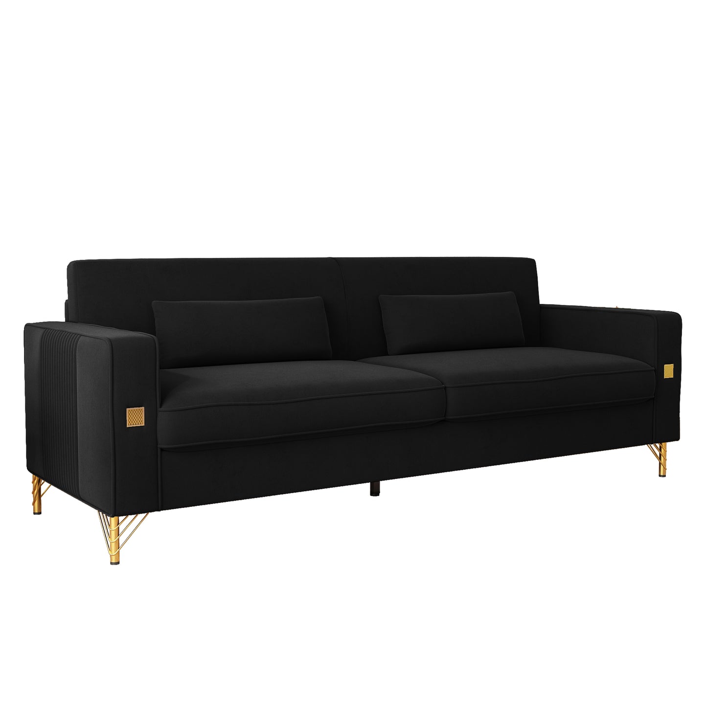 Black velvet sofa with gold legs and decorative accents