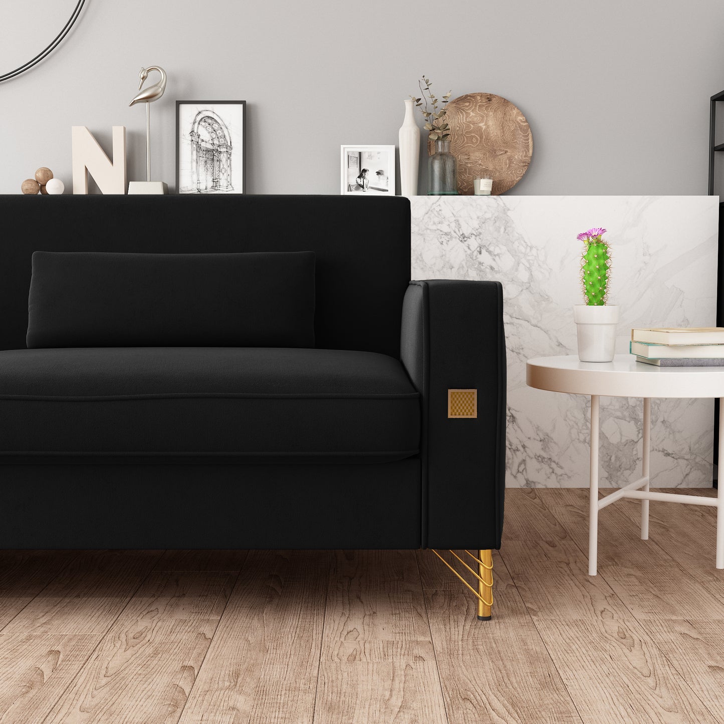 Black velvet sofa with gold legs and a decorative armrest accent