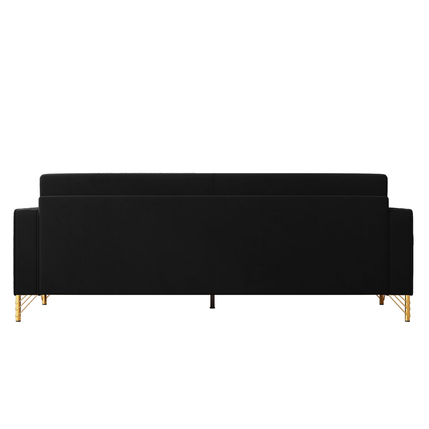 Black velvet sofa with modern gold metal legs back view
