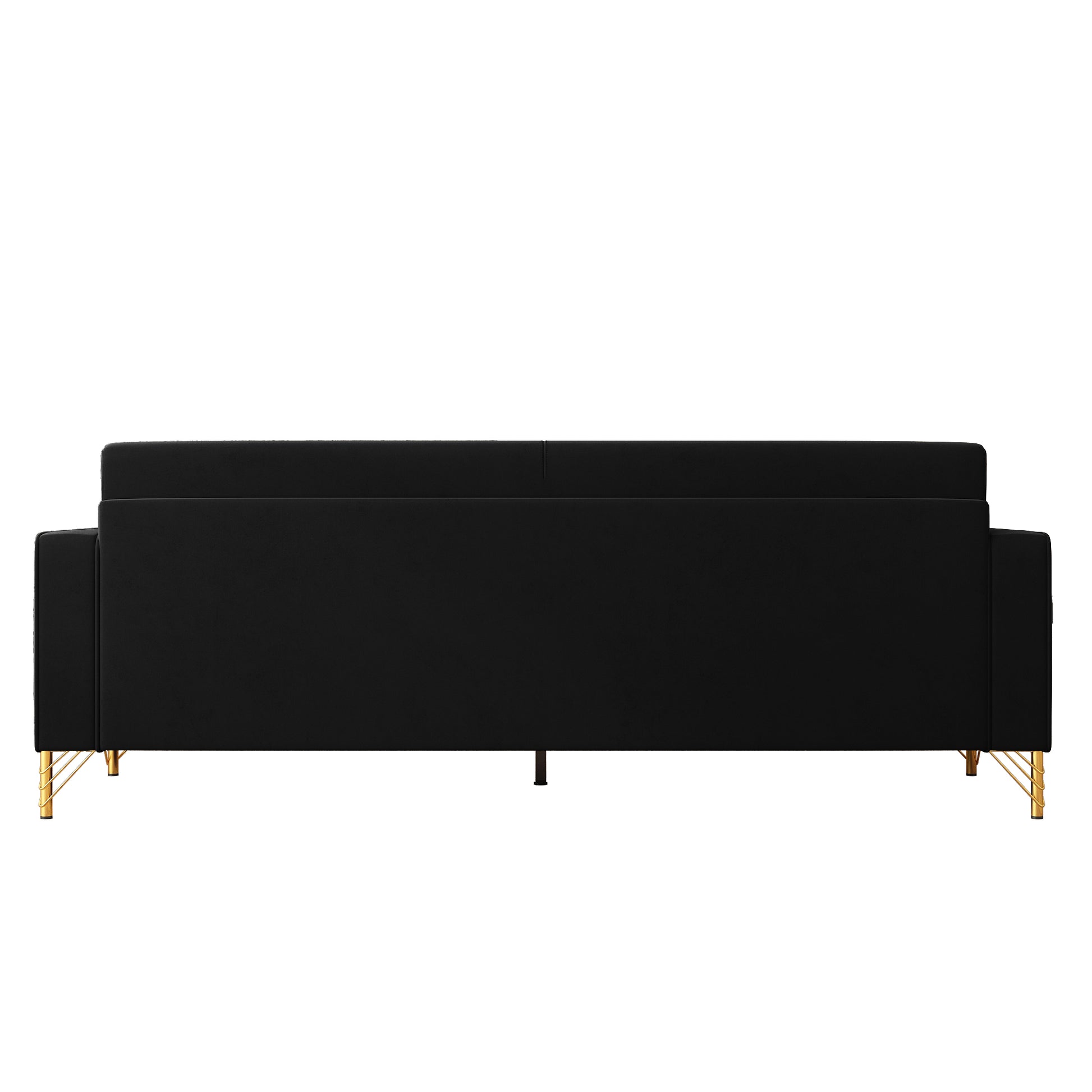 Black velvet sofa with modern gold metal legs back view