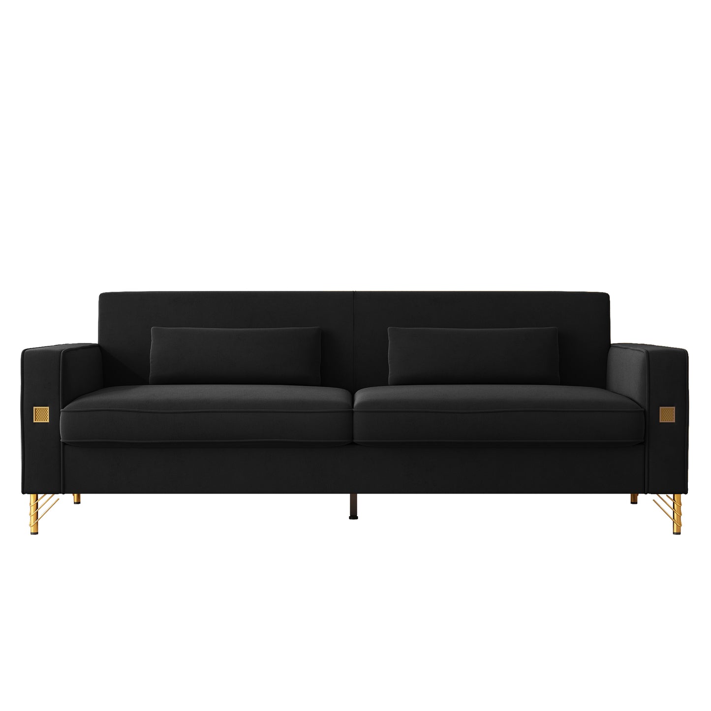 Black velvet sofa with gold metal legs modern minimalist design comfortable seating