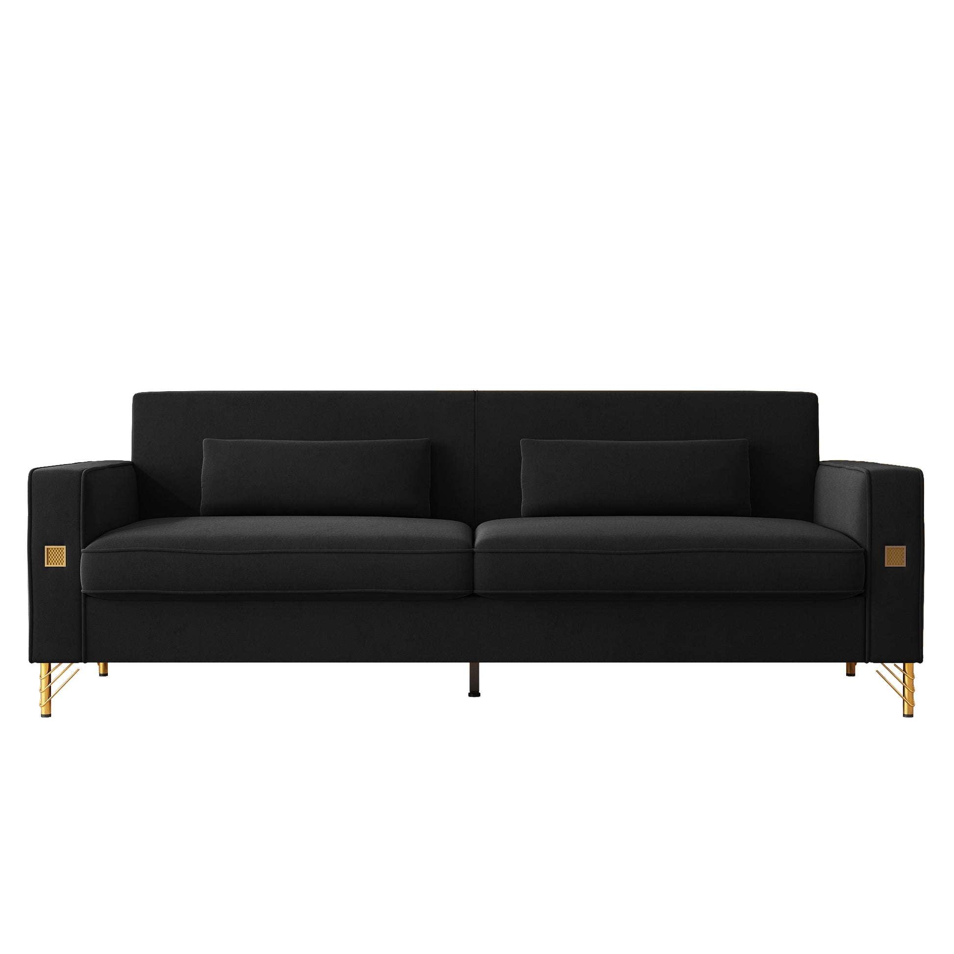 Black velvet sofa with gold metal legs modern minimalist design comfortable seating