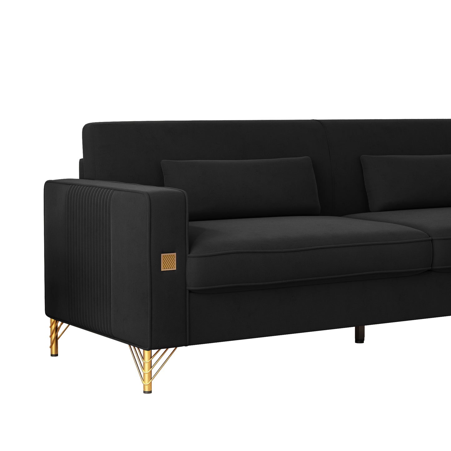 Black velvet sofa with gold accents and pleated armrest for modern living room
