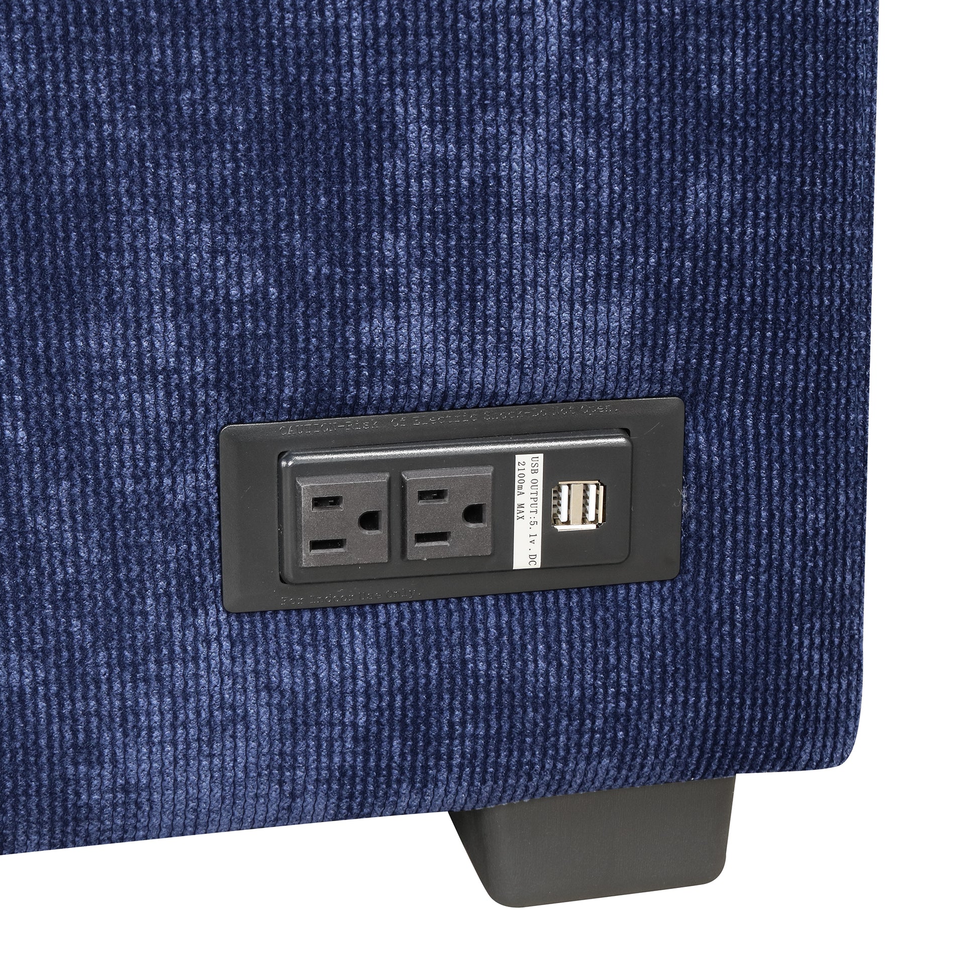 Blue corduroy sofa with builtin dual USB charging ports and power outlet