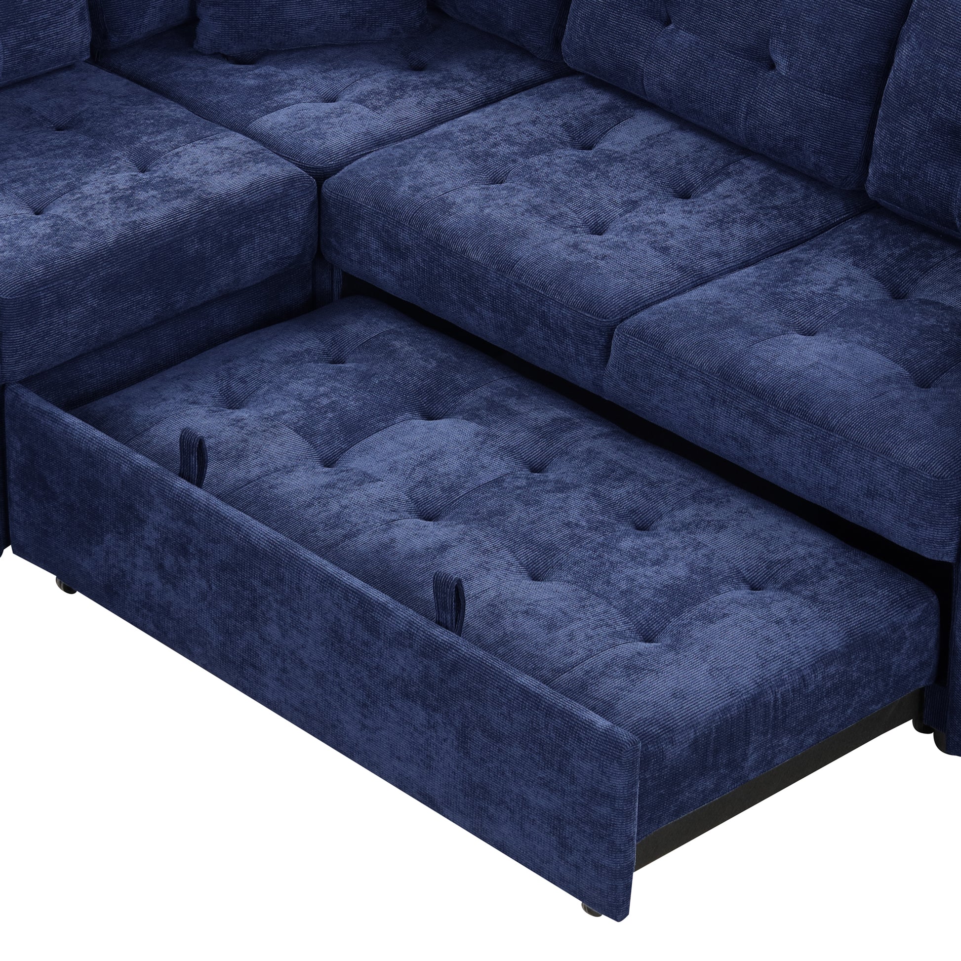 Deep navy blue corduroy sectional sofa with pullout bed mechanism extended perfect for modern living rooms