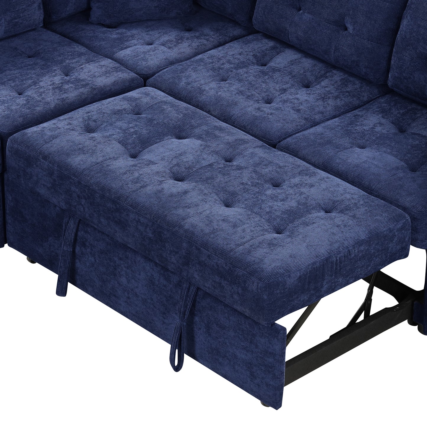 Navy blue corduroy sectional sofa with tufted seats and pullout bed mechanism