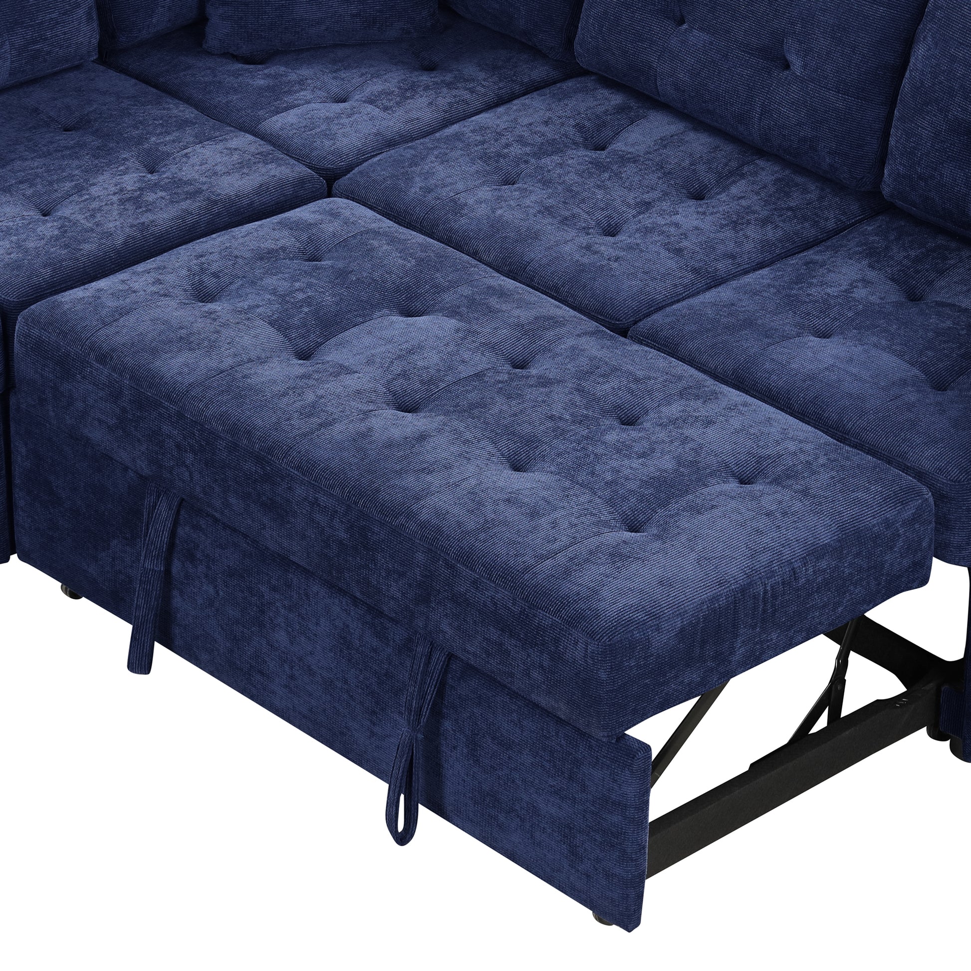 Navy blue corduroy sectional sofa with tufted seats and pullout bed mechanism