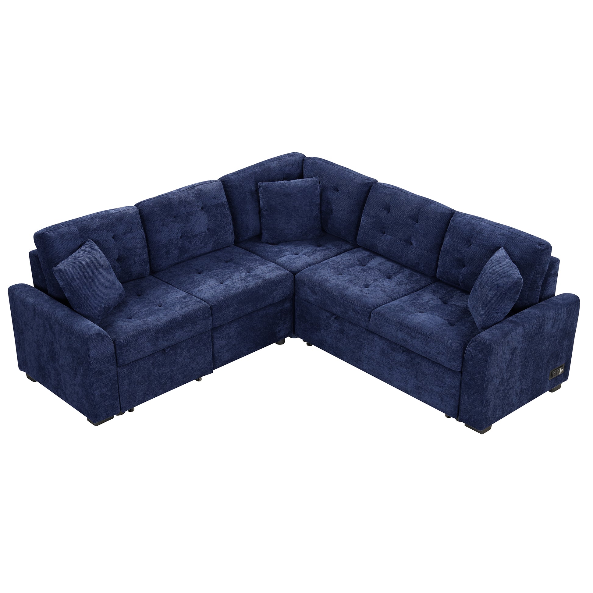 Deep blue corduroy sectional sofa with tufted cushions and included throw pillows
