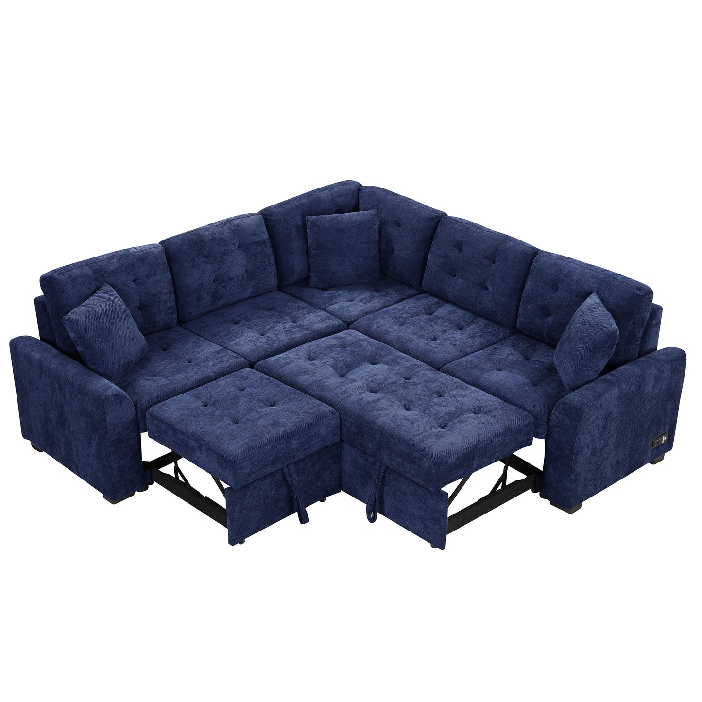 Deep blue velvet sectional sofa with pullout ottoman perfect for modern living rooms