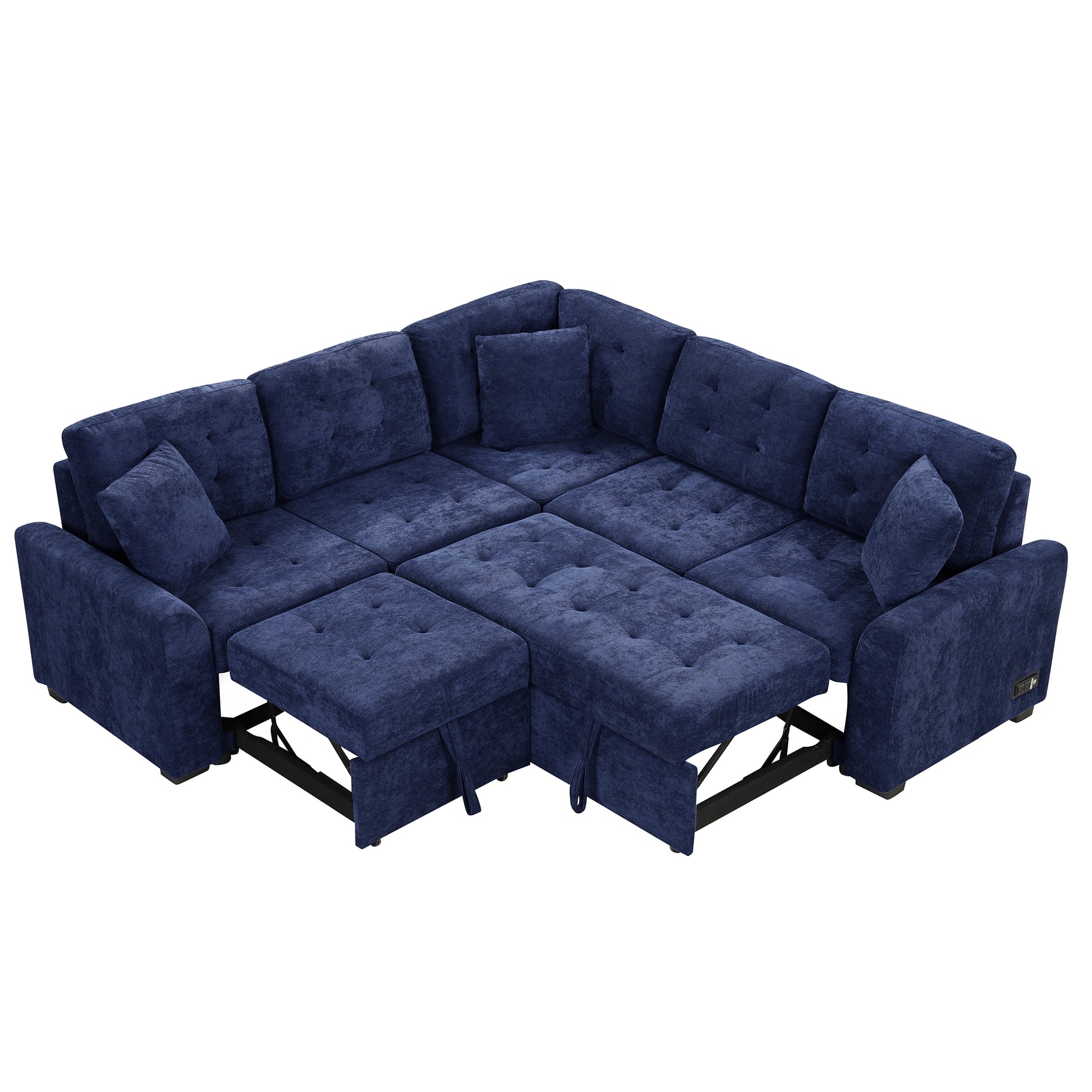 Deep blue velvet sectional sofa with pullout ottoman perfect for modern living rooms