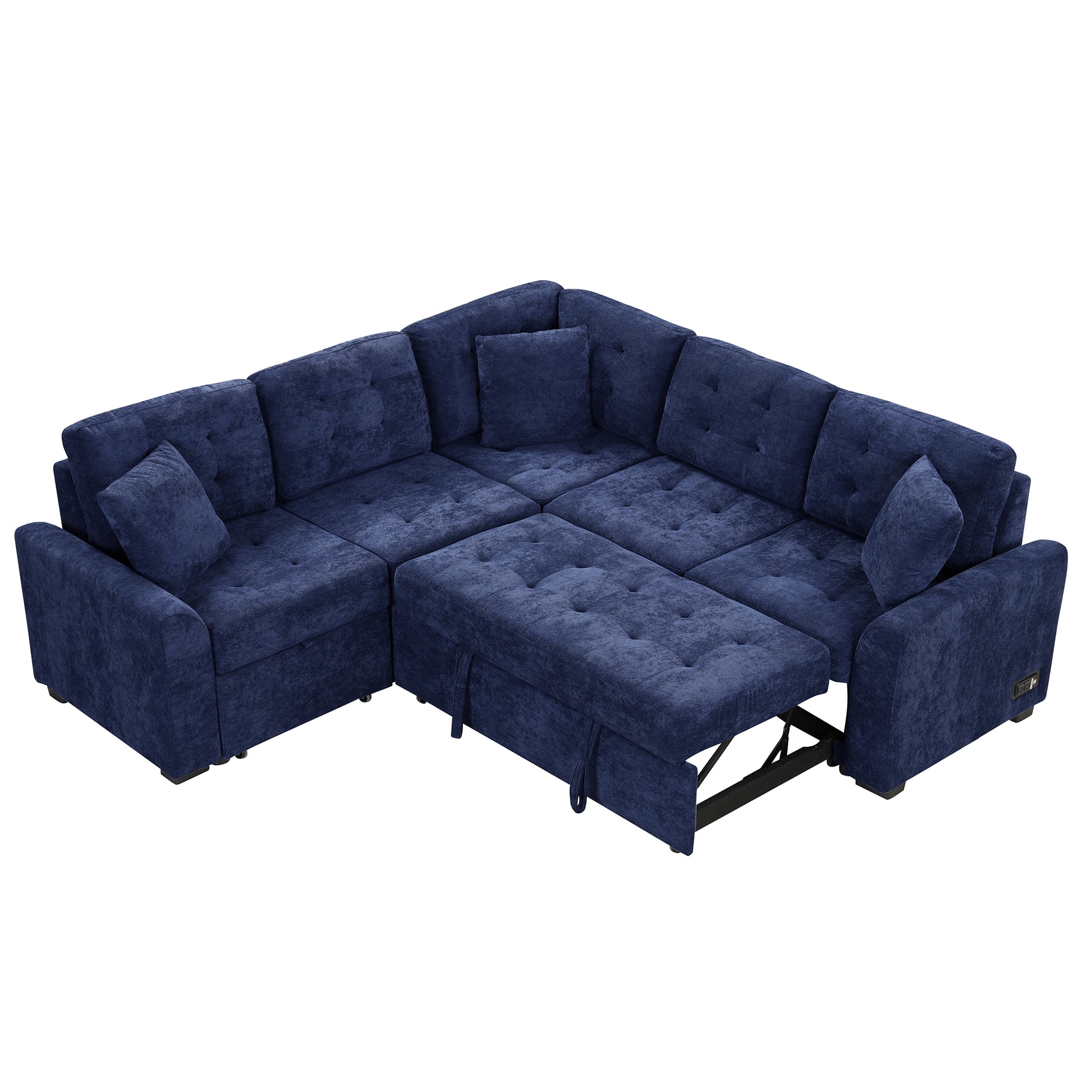 Deep blue velvet sectional sofa with tufted cushions and pullout bed functionality