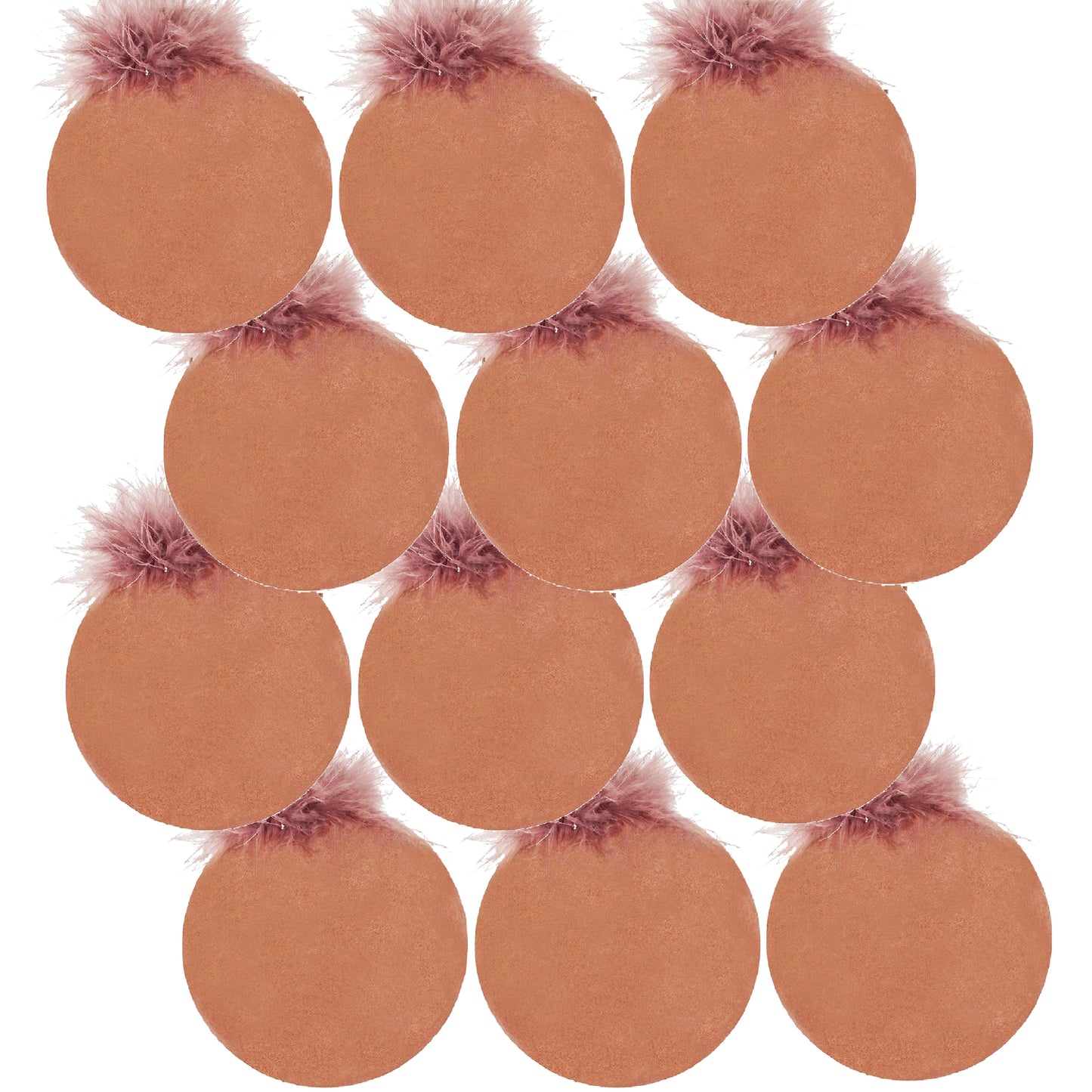 Round terracotta coasters with subtle pink feather accents sold in a set