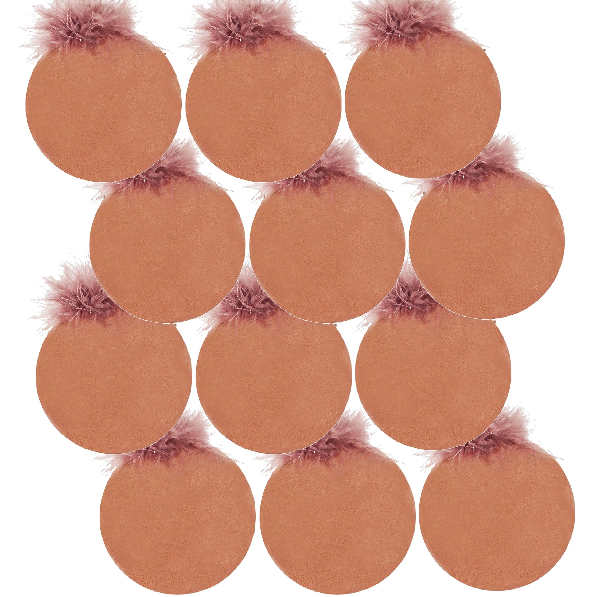 Round terracotta coasters with subtle pink feather accents sold in a set