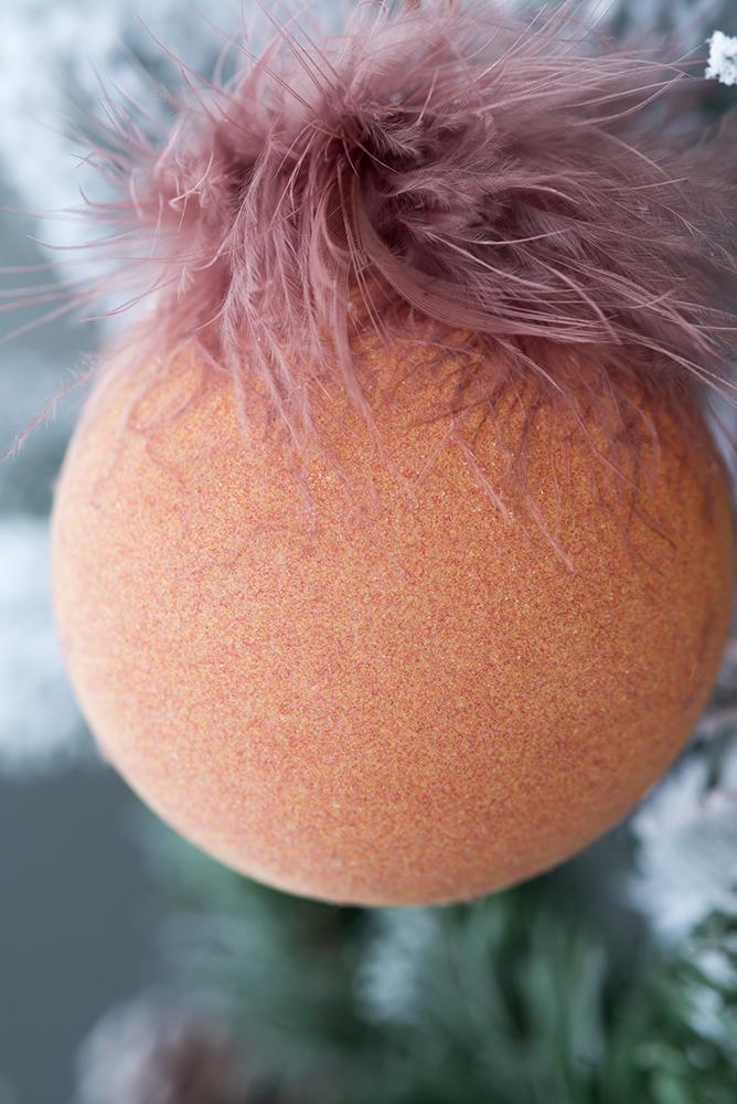 Shimmering copper Christmas ornament with dusty rose feathers Ideal for tree decor