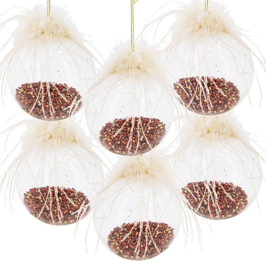 Clear glass Christmas ornament with red  gold bead fill and feather trim