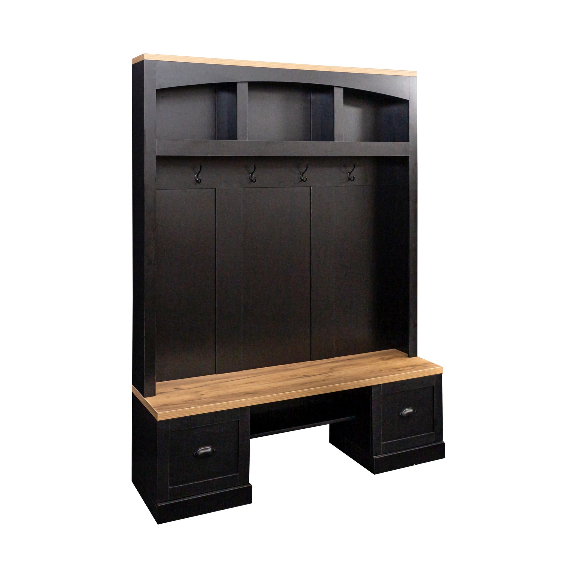 Black and oak hall tree with hooks bench and drawers for entryway organization
