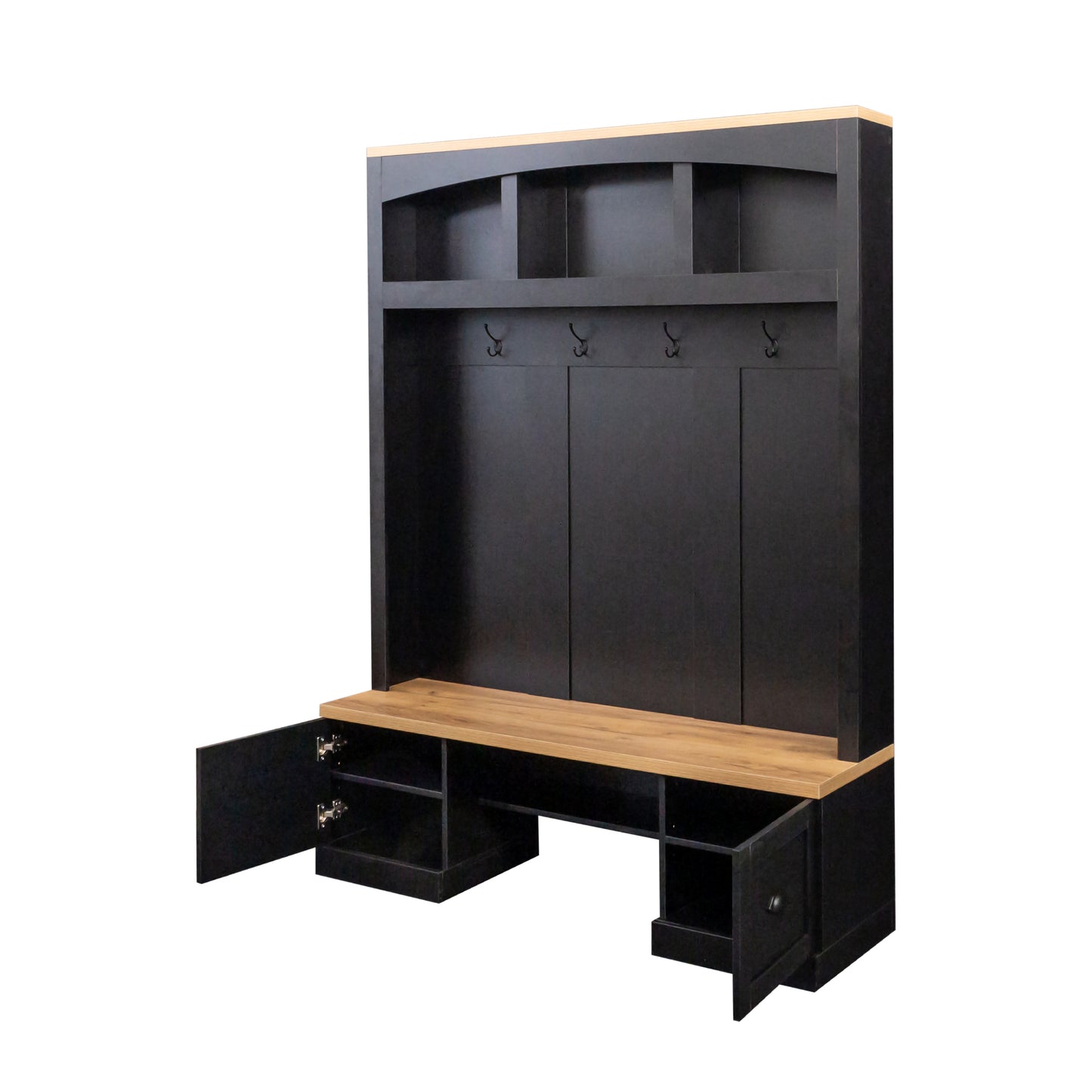 Black hall tree with natural wood bench and open storage cubbies
