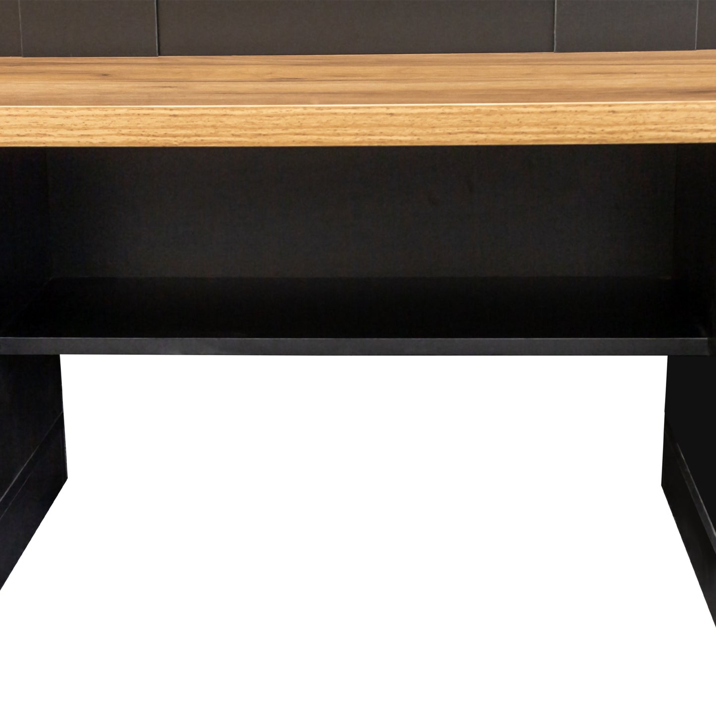 Minimalist black and oak TV stand with open shelf space